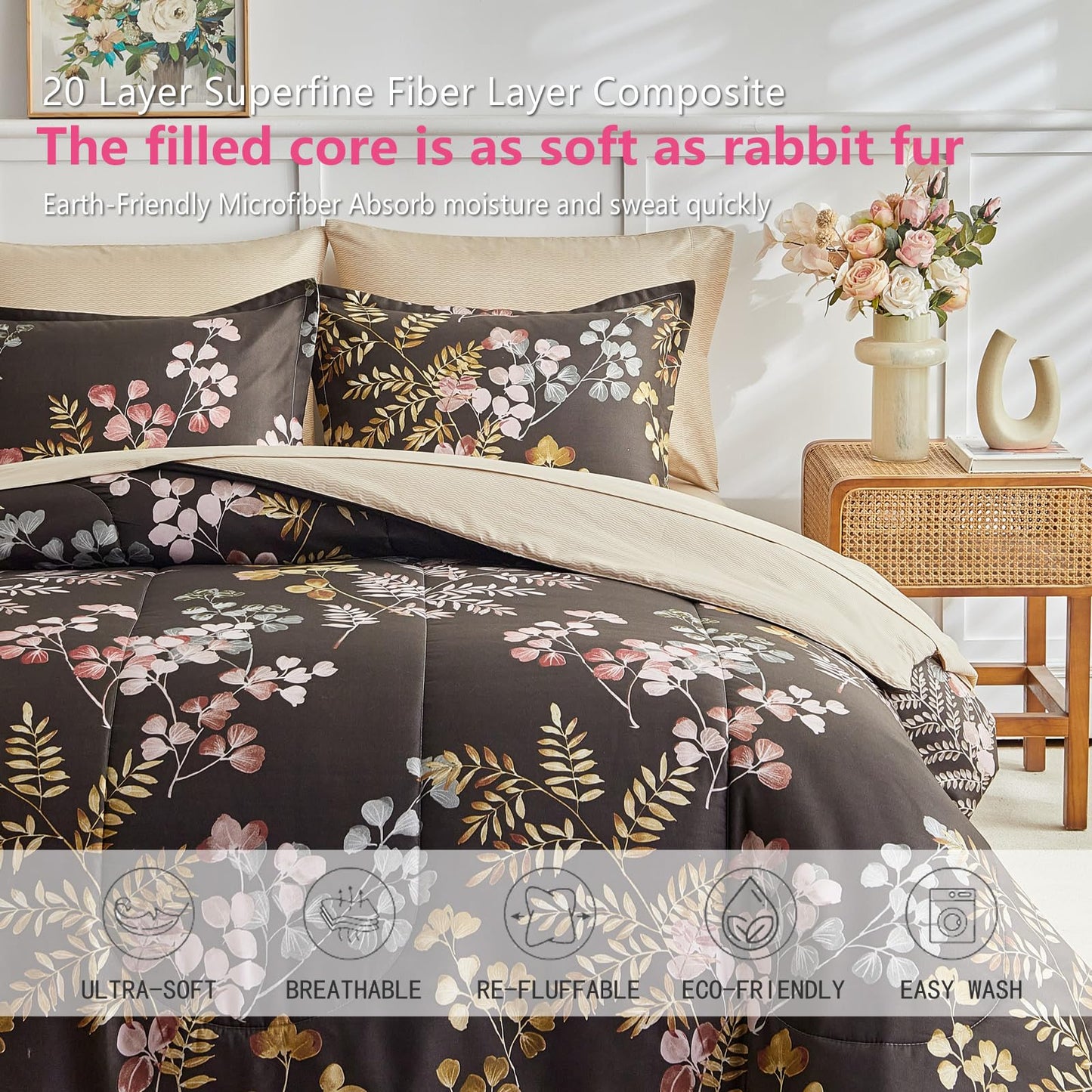 AIKASY Bed in a Bag 7 Pieces Queen Size - Floral Print - Soft Microfiber, Reversible Bed Comforter Set (1 Comforter, 2 Pillow Shams, 1 Flat Sheet, 1 Fitted Sheet, 2 Pillowcases)（Black, Queen）