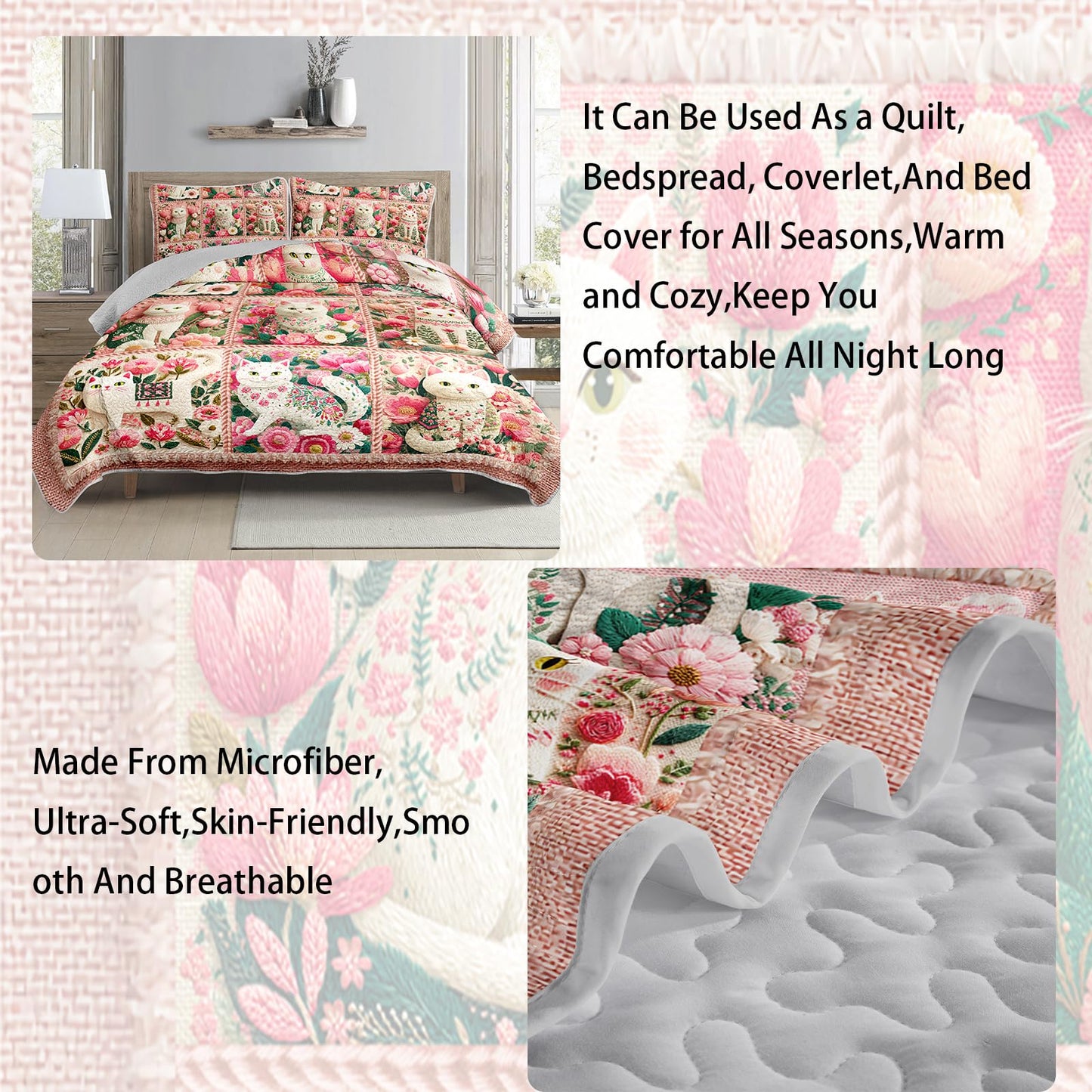 AILONEN Floral Cat Quilted Bedding Set King Size - Pink Cat Bedspread Coverlet,3-Piece Printed Bedding for Kids Girls Room Decor,Soft Microfiber Quilt,2 Pillowcases