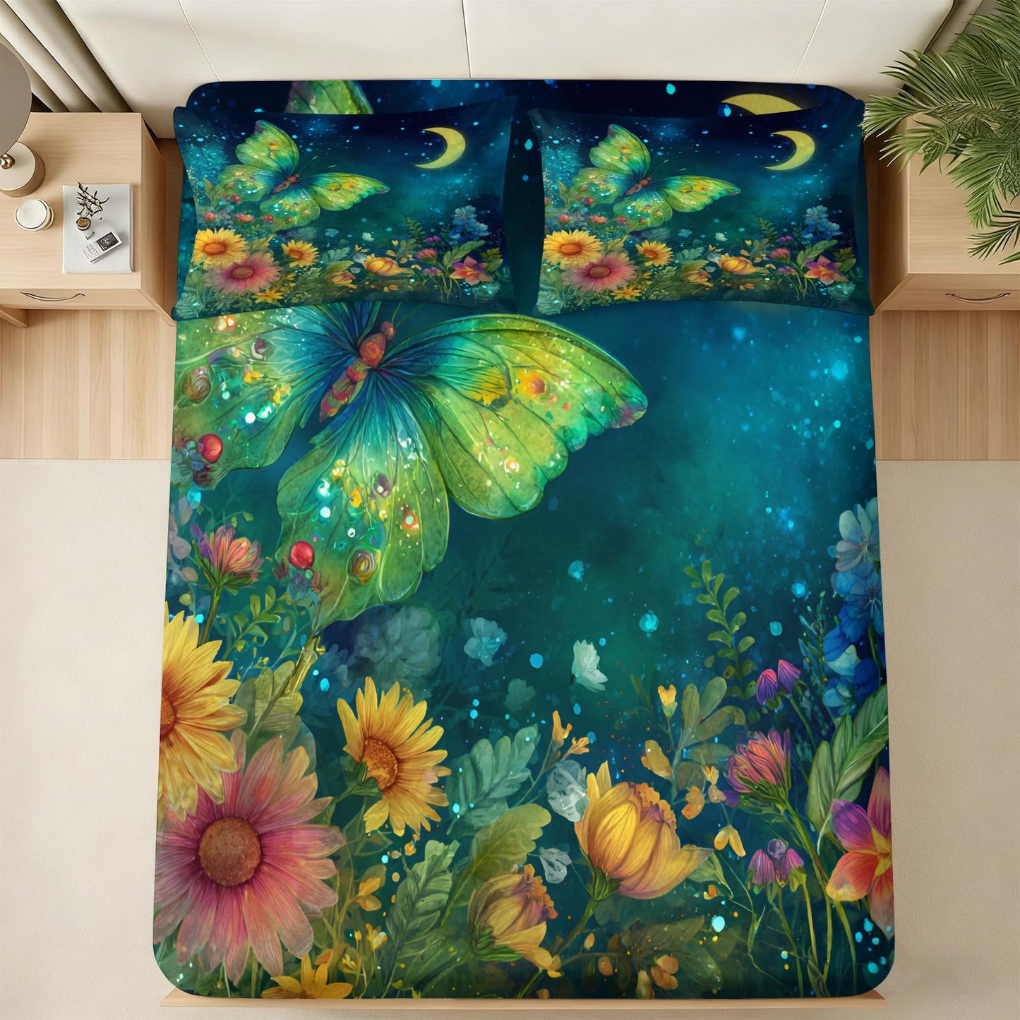 ZAOMIR Dreamy Butterfly Floral Bed Sheets Set King for Kids Teen, Night Sky Moon Butterfly Sheet Set 4 Pcs for Girls Women, Flowers Botanical Sheets with Fitted & Flat Sheet & 2 Pillowcases