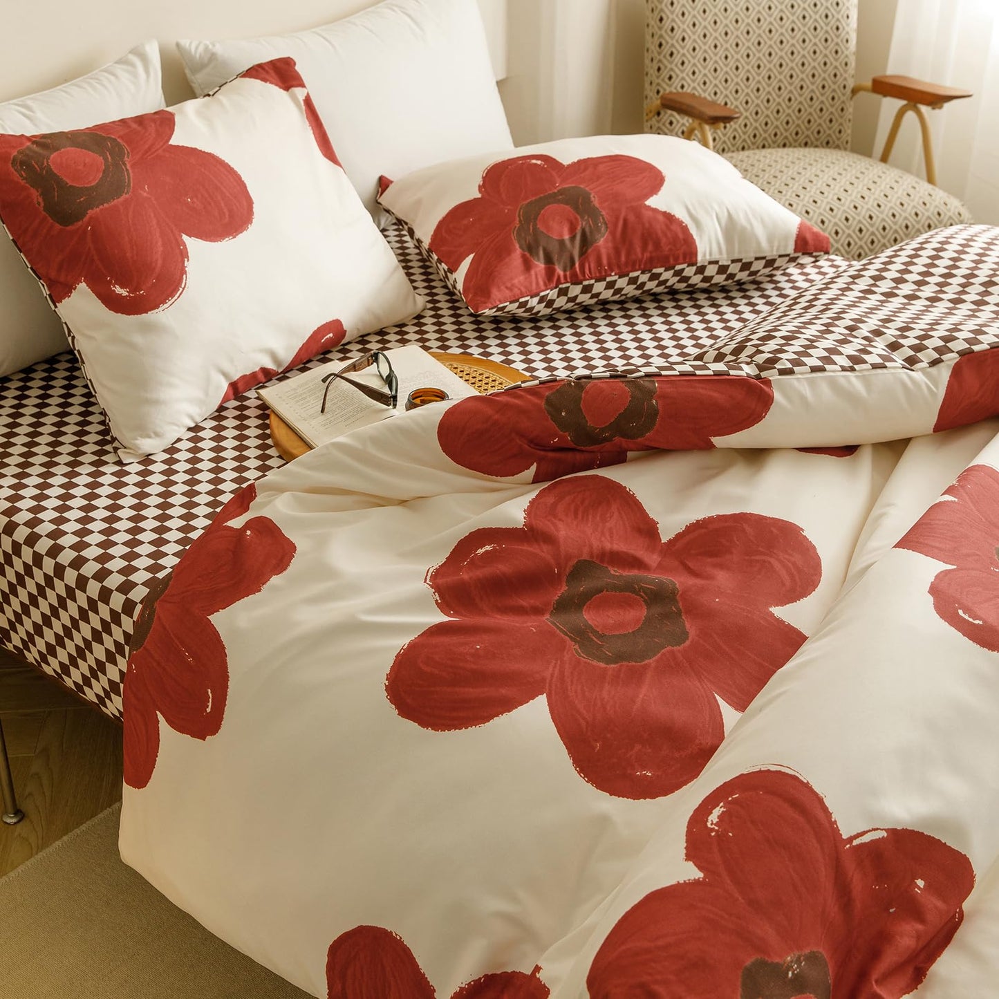 CLOTHKNOW Rust Sunflower Queen Comforter Set Floral Bedding Comforter Sets Brown Plaid Queen Comforter All Season