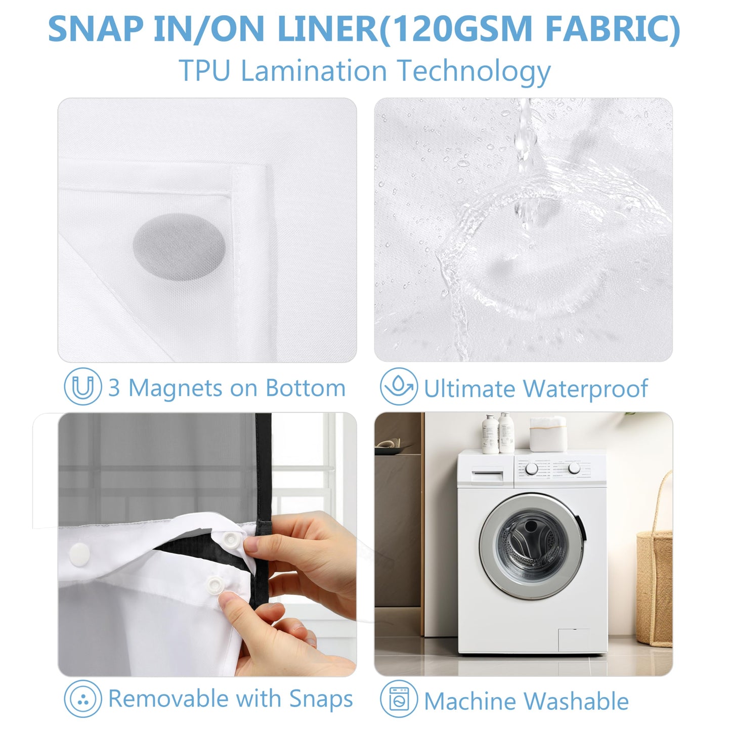 PILOTSHARK No Hook Waffle Weave Shower Curtain Set with Snap-in Fabric Liner and Mesh Top Window,256GSM Heavy Duty Fabric,Black Washable Luxury Shower Curtain for Bathroom Stalls (72x75 Inch)