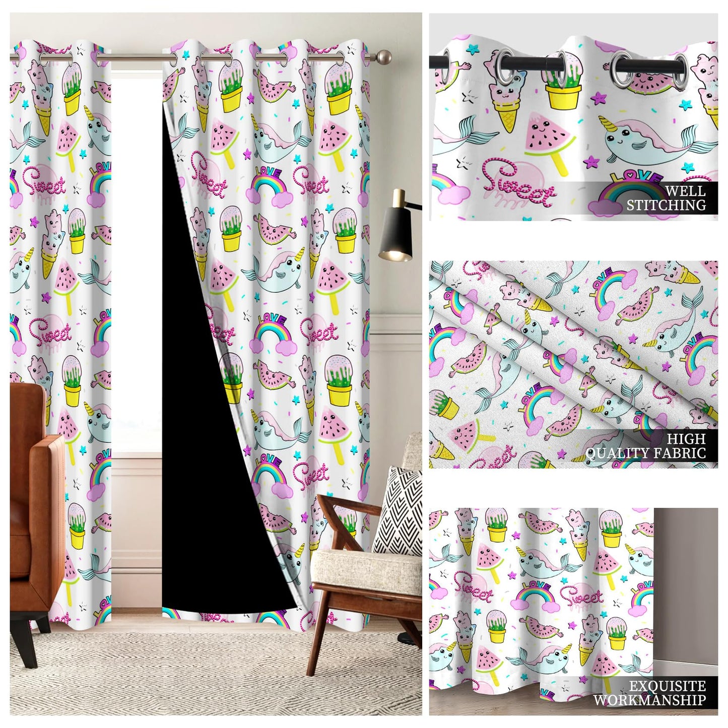 AOFOTO Cute Unicorn Narwhal Rainbow Pattern Kids Bedroom Curtains 2 Panel Sets, Summer Watermelon Ice Cream Print Blackout Curtains Pink Window Drapes for Girls Bedroom Nursery Decor 42x63 Inches