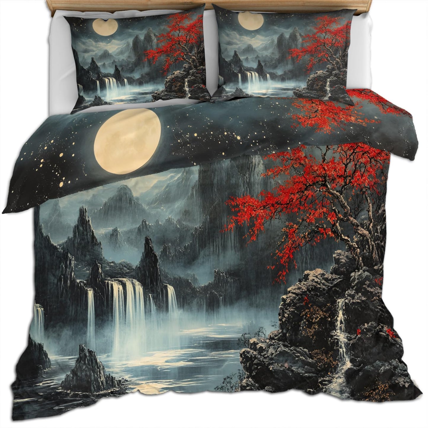 PAISUOQ Waterfall Bedding Sets Full Oriental Night Scene Comforter Cover with Zipper Ties, Traditional Paintings Duvet Cover with 2 Pillowcases, 3 Pieces，Bedroom Decor & Gifts