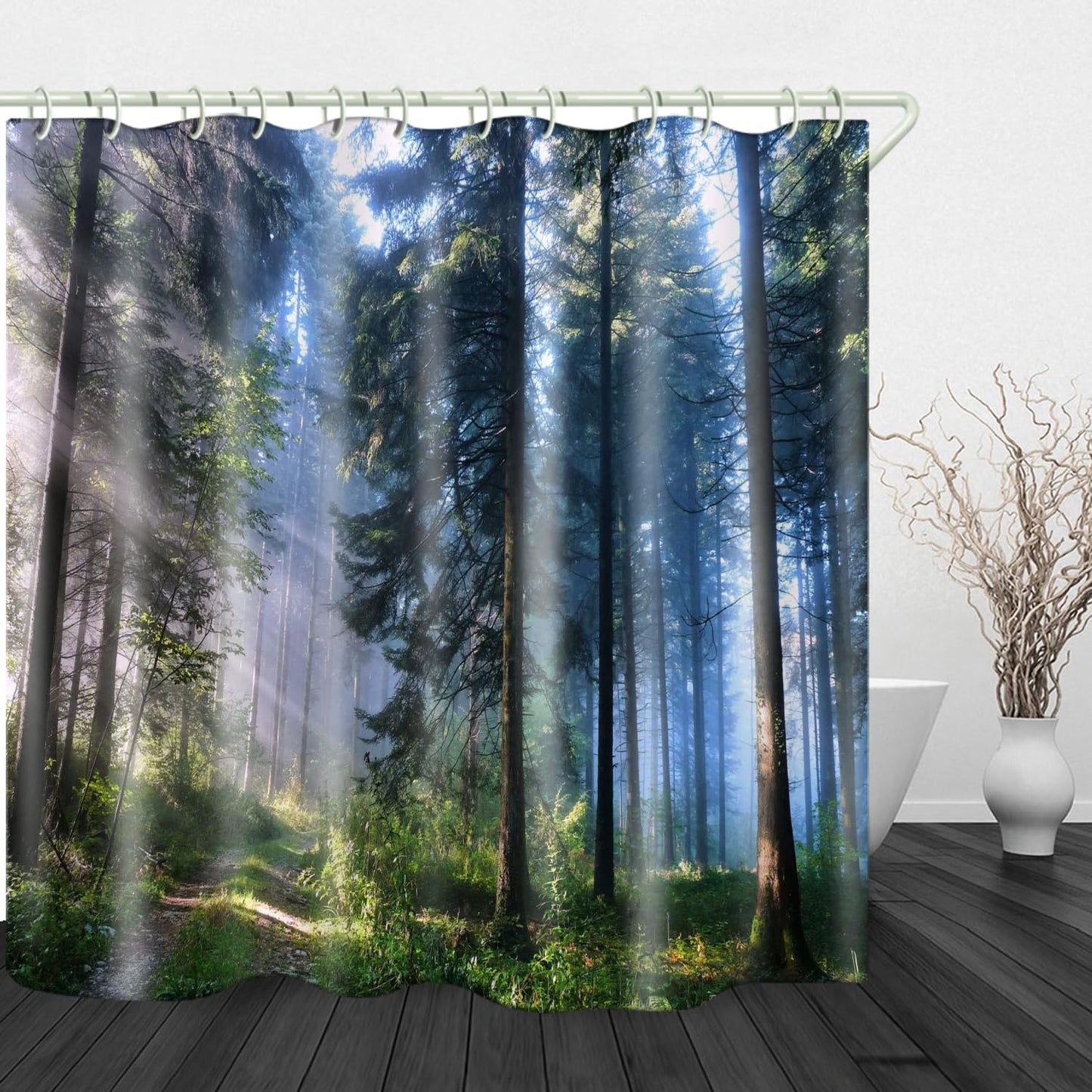 LYFANS Bathroom is Equipped with Mist Sunshine Forest 3D Shower Curtains, Deluxe Bathtub Standard Waterproof Shower Curtains, 12 White Hooks,59x71 Inch Washable Fabric Shower Curtain.
