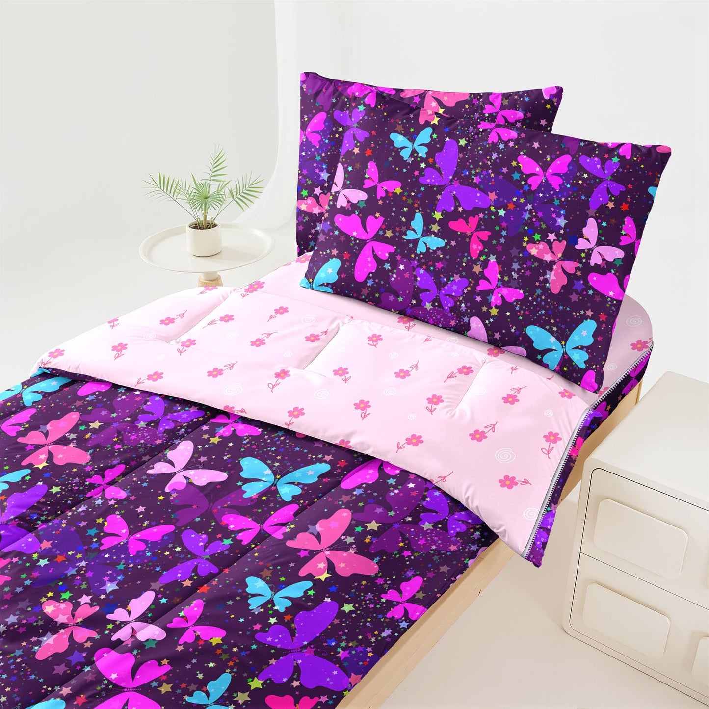 Dearller Twin Girls Zipper Bedding Purple Butterfly Comforter Girls Twin Bedding All in one Zipper Kids Butterfly Comforter