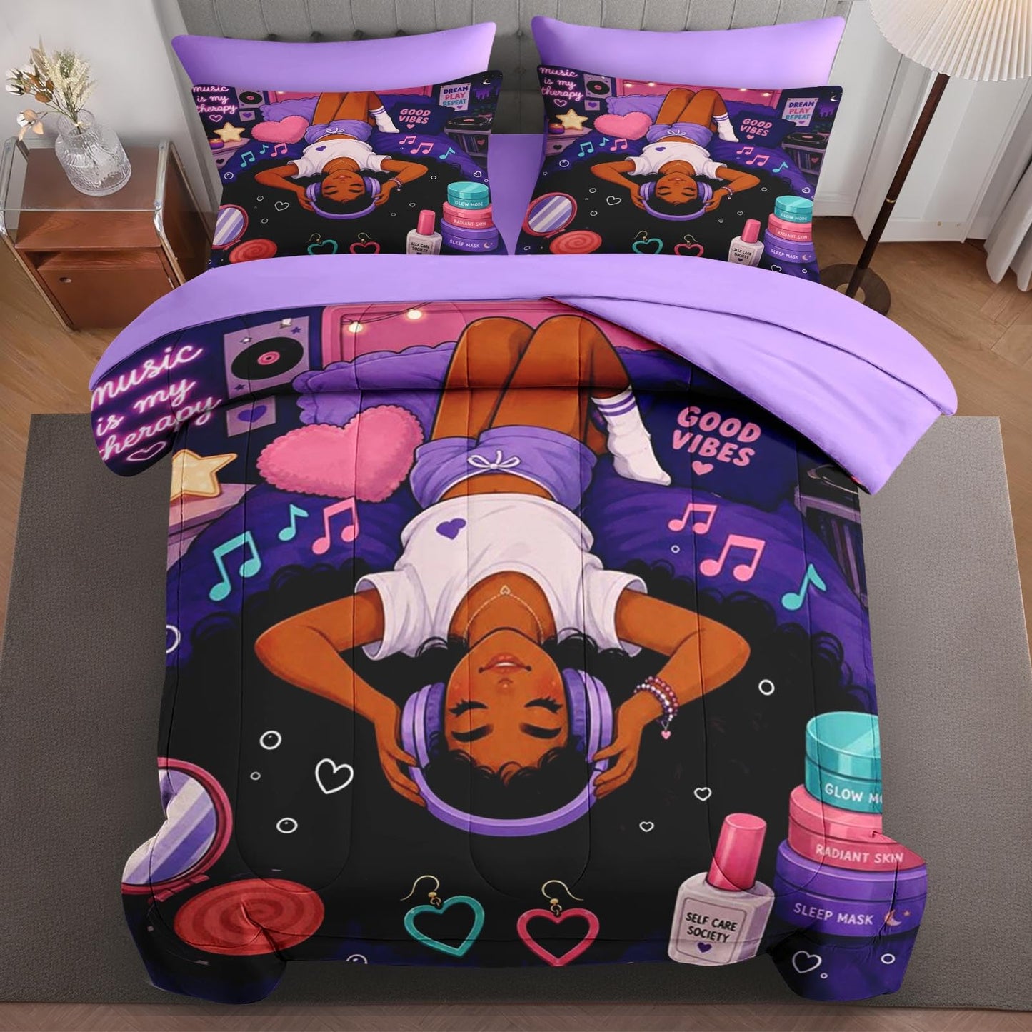 Boewywh Comforter Set Twin Size Music Kawaii Girly 5 Pcs, Bedding for Kids and Adults, Bed Sheet Sets with Fitted Sheet Pillowcase & Sham for Bedroom Bed Decor