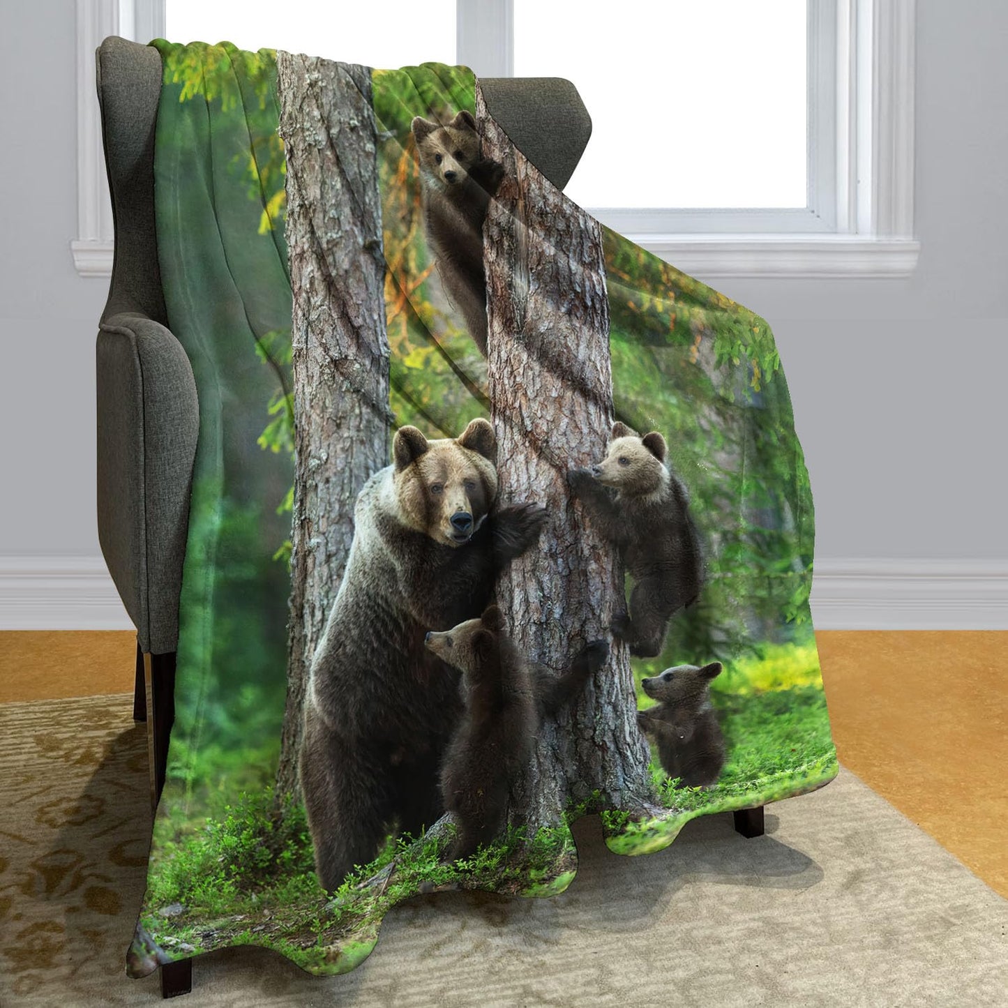 KLRIGR Wildlife Brown Bear Throw Blanket, Soft Flannel Blanket with Bear Cubs Climbing Tree, Cozy Forest Nature Print for Couch Bed Home Decor, 60"x80"