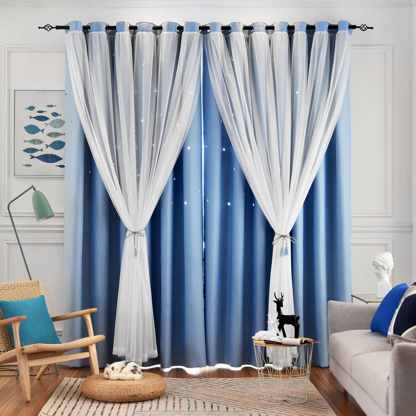 Loyala Star Curtains - Living Room & Bedroom Drapes, Blackout & Kids Curtains, 84 Inch Long, 2 Panels Set, Blue, 52 X 84 Inches