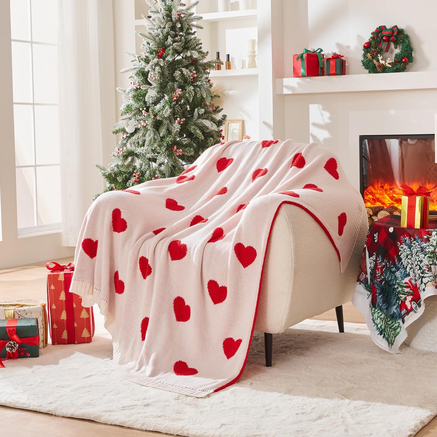 Douceur Love Heart Throw Blanket, Ultra Soft Red Fluffy Valentine’s Day Blanket, Reversible Cozy Decorative Blanket for Bed Couch Sofa, Super Soft Indoor Living Room Plush Throws, 60"X80"
