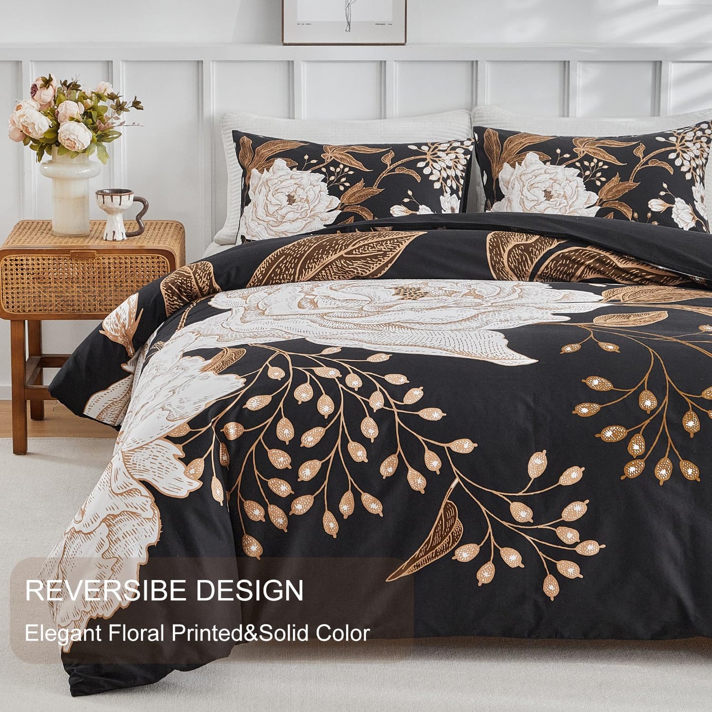 mixinni Floral Duvet Cover King Size, 3 Pieces White Flowers and Gold Leaves Printed on Black Bedding Set, Soft Premium Cotton Reversible Elegant Floral Duvet Cover Set for All Season-King Size
