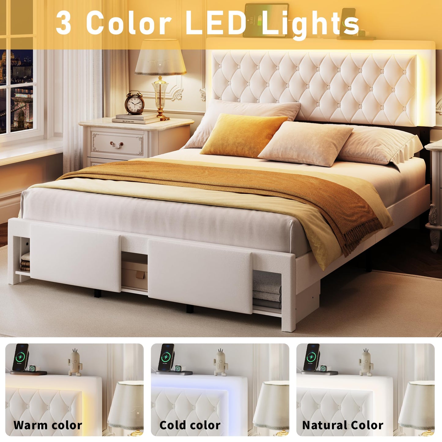 MARMONS Queen Bed Frame with Button Tufted Headboard, Queen Size Upholstered Platform Bed Frame with LED Lights/Charging Station/Footboard Storage, Wooden Slats, No Box Spring Needed, White