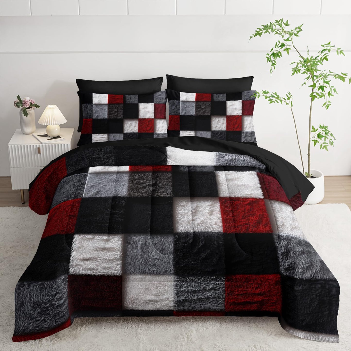 lneffble 7 Piece Black White Red Checkered King Size Comforter Set with Sheets，King Size Quilt Bedding Set Checkered，(1 Comforter, 1 Flat Sheet, 1 Fitted Sheet, 2 Pillowcase and 2 Pillow Sham)