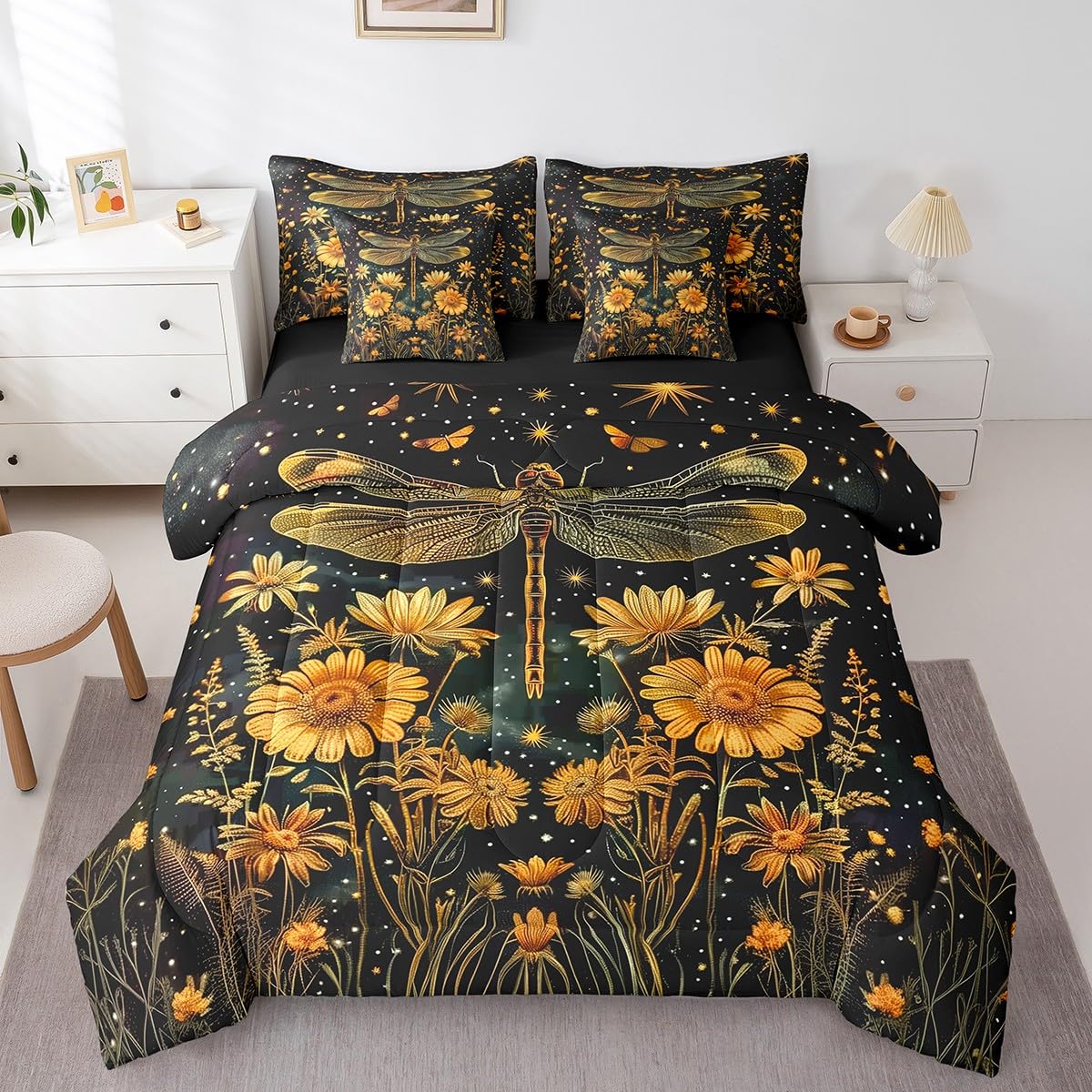 Erosebridal Wildflower Dragonfly Comforter Set Queen,Retro Groovy Daisy Floral Bedding Set 7Pcs for Kids Boys Girls,Bohemian Botanical Butterfly Bed in a Bag,Sparkle Starry Sky Quilt