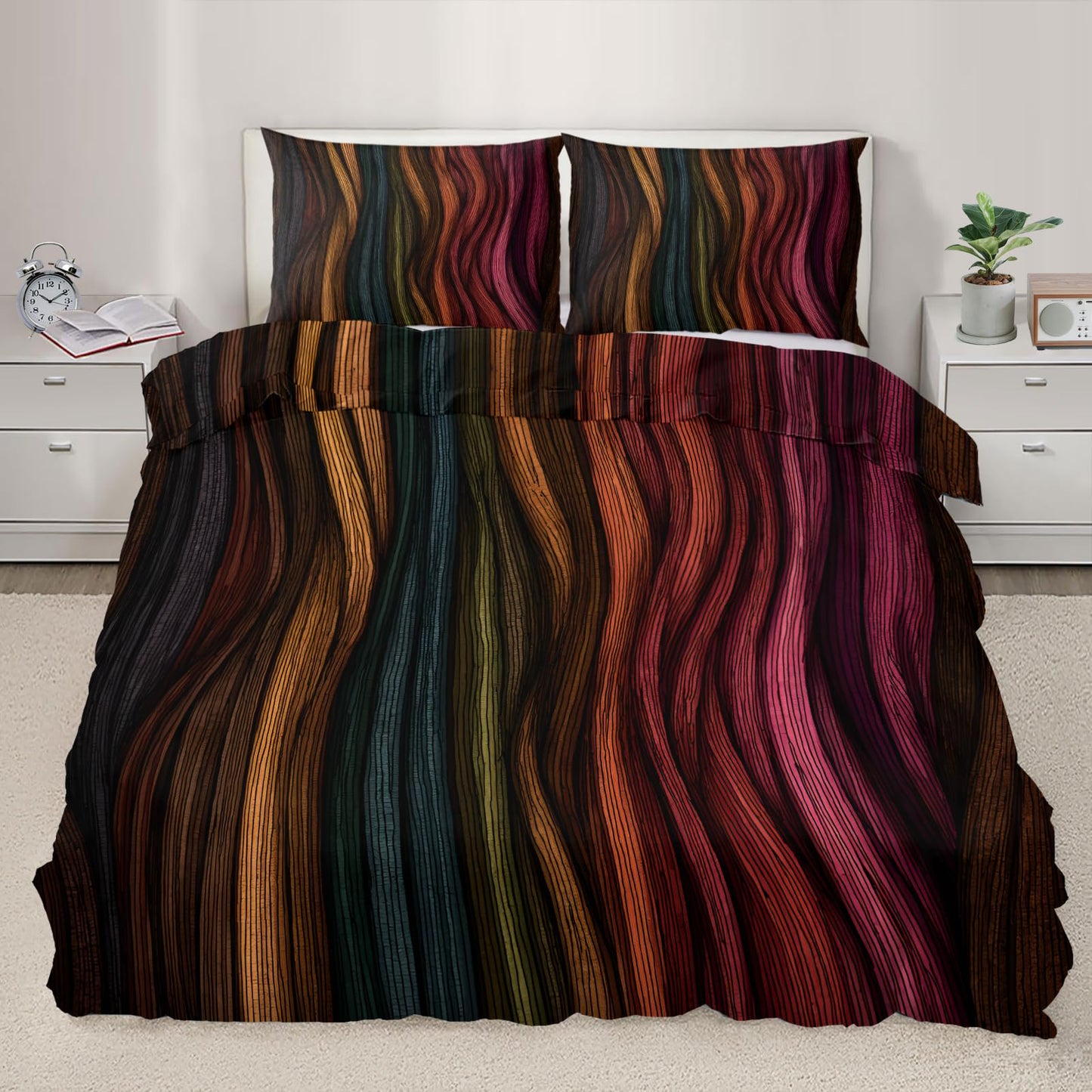 ZAOMIR Modern Abstract Wavy Stripe Dark Duvet Cover Twin Size, Boho Colorful Stripe Bedding Set 3 Piece, Ethnic Geometric Patterned Comforter Cover with Zipper Soft Microfiber, 2 Pillowcases