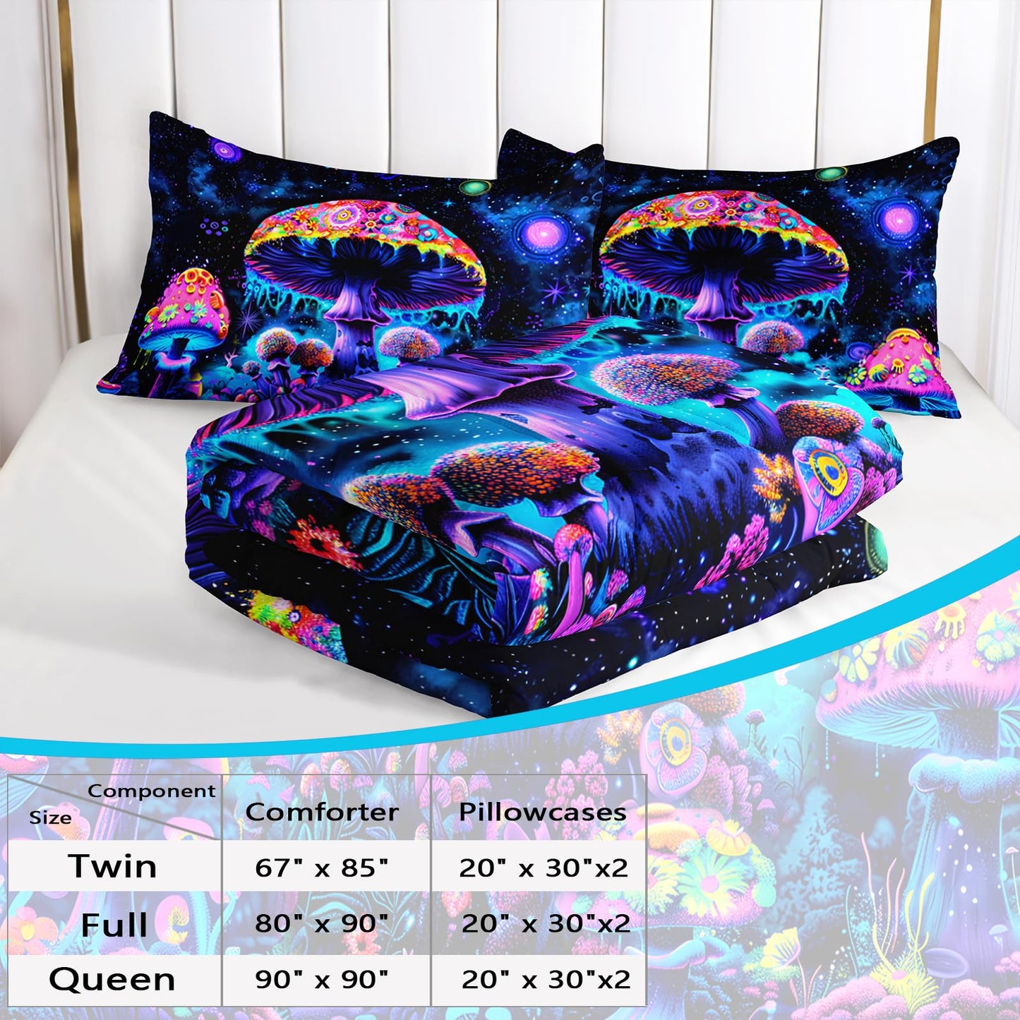 AILONEN Cartoon Mushroom Comforter Set Queen Size, Black Starry Purple Magic Mushroom Bedding Set,3Pcs Plant Fungus Comforter with 2 Pillowcases