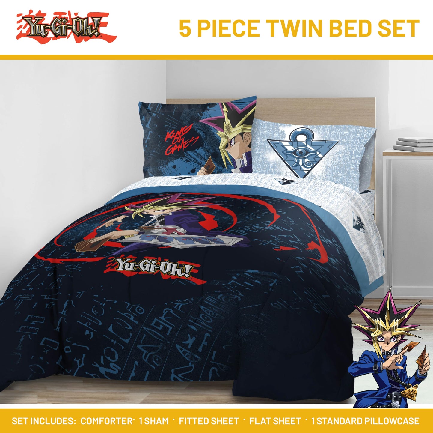 Jay Franco Yu-Gi-Oh! Twin Size Comforter Set - 5 Piece Bedding Includes Sheet Set & Pillow Covers - Super Soft Cozy Bedding