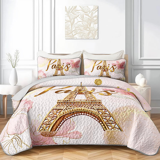 AILONEN Paris Eiffel Tower Bedding Soft Quilt Set King Size,Tie Dye Flower Pink Bedspread Coverlet,3 Piecespink and Gold Watercolor Quilt & 2 Pillowcases
