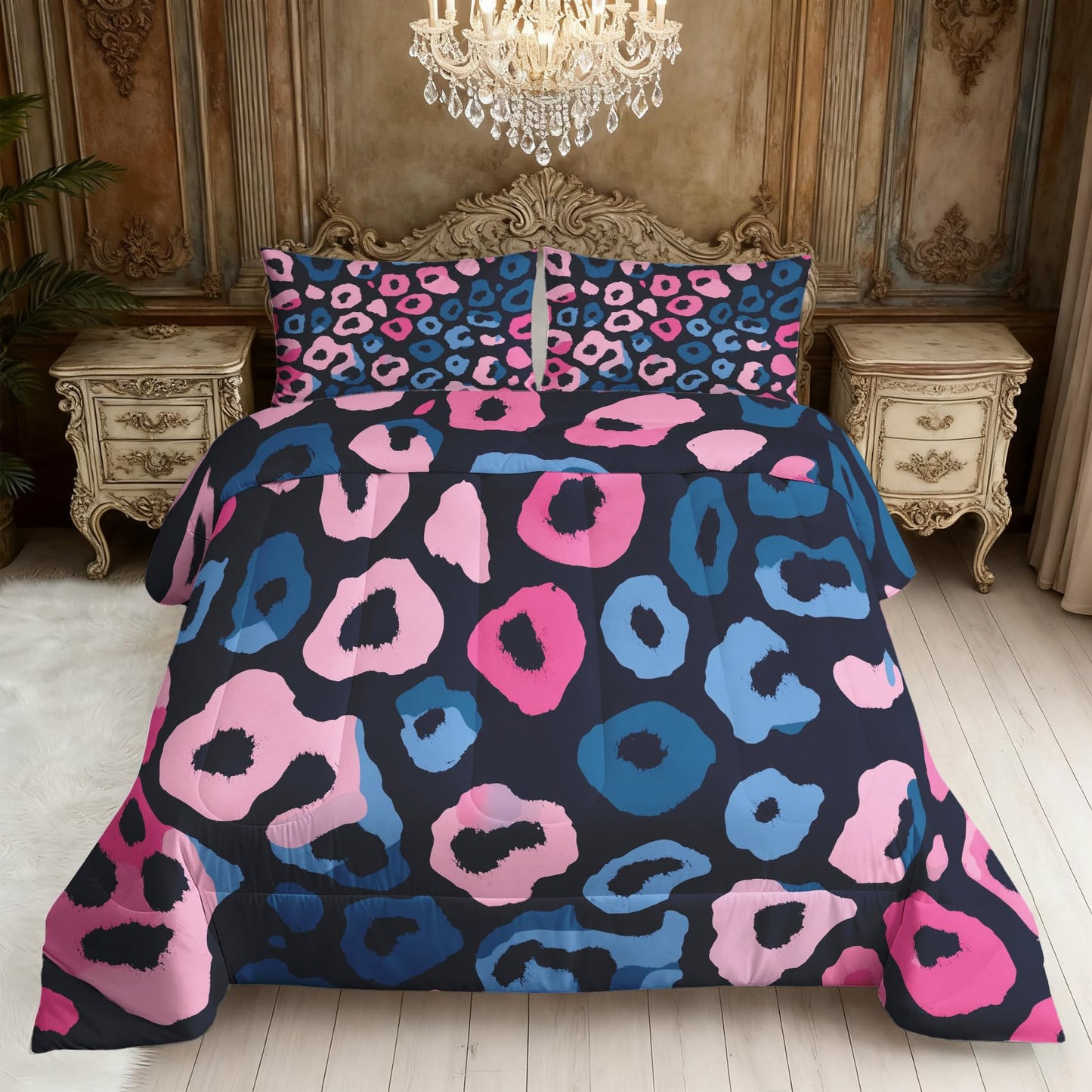 Leopard Print Comforter Set King Size 3Pc, Cheetah Printed Animal Pattern Down Alternative Bed Comforter, 2 Pillow Shams, Soft All Season Bedding, Leopard Print Bedroom Decor