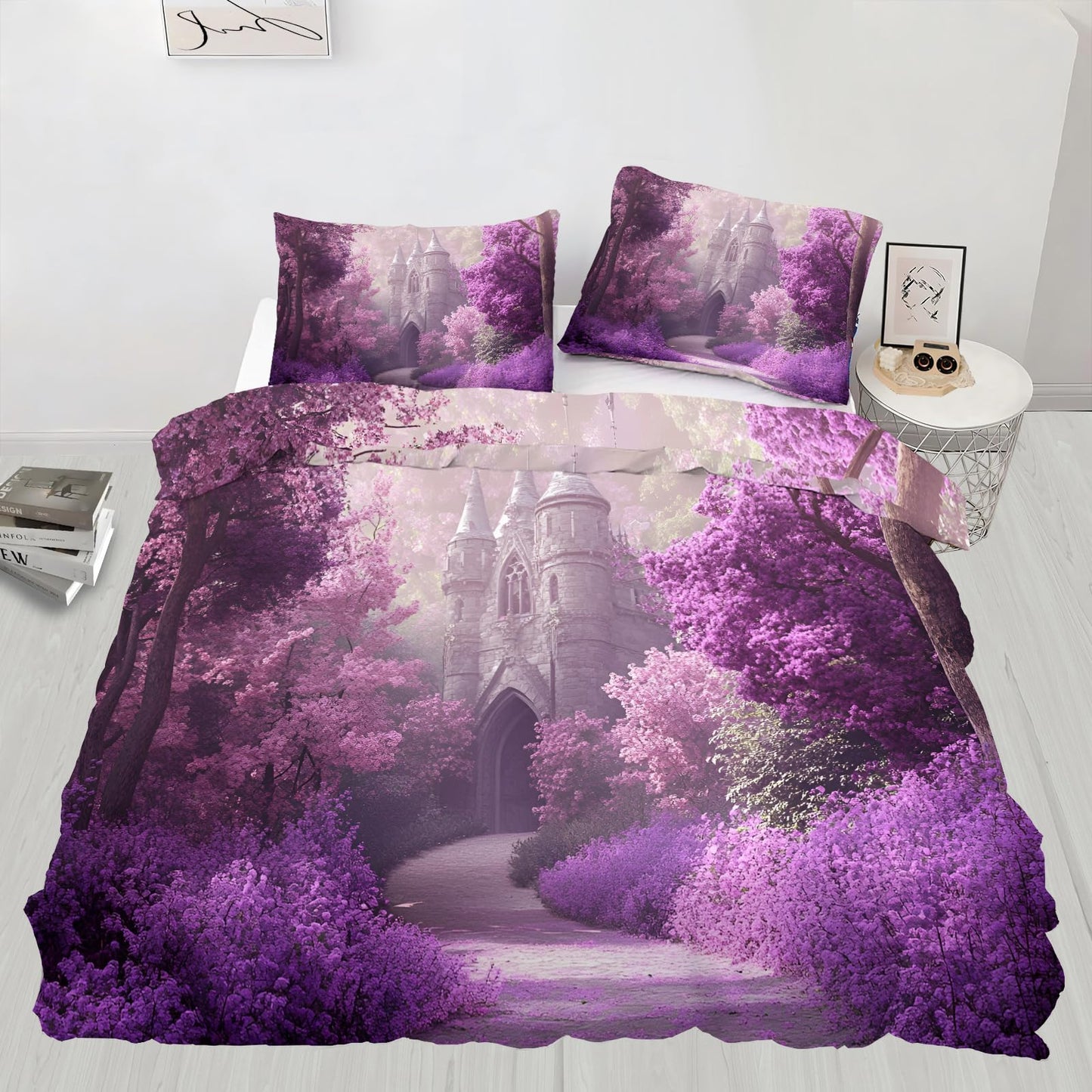 PAISUOQ Girl Duvet Cover, Fantasy Castle Bedding & Duvet Cover King, Mysterious Purple Comforter Set with Zipper, 3 Pieces with 2 Pillowcases, Bedroom Decor & Gifts