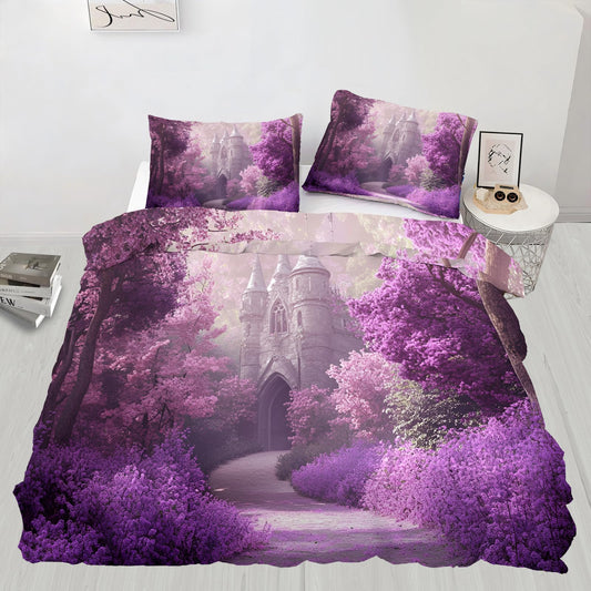 PAISUOQ Girl Duvet Cover, Fantasy Castle Bedding & Duvet Cover King, Mysterious Purple Comforter Set with Zipper, 3 Pieces with 2 Pillowcases, Bedroom Decor & Gifts