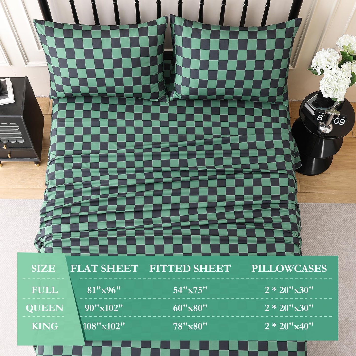 MICORAL Queen Sheet Set Green Gingham Plaid, 4-Piece Brushed Microfiber Taupe Grid Bed Sheets, 16" Deep Pocket, Ultra Soft & Cooling Sheet, Oeko-TEX Certified, Green Black Checkered