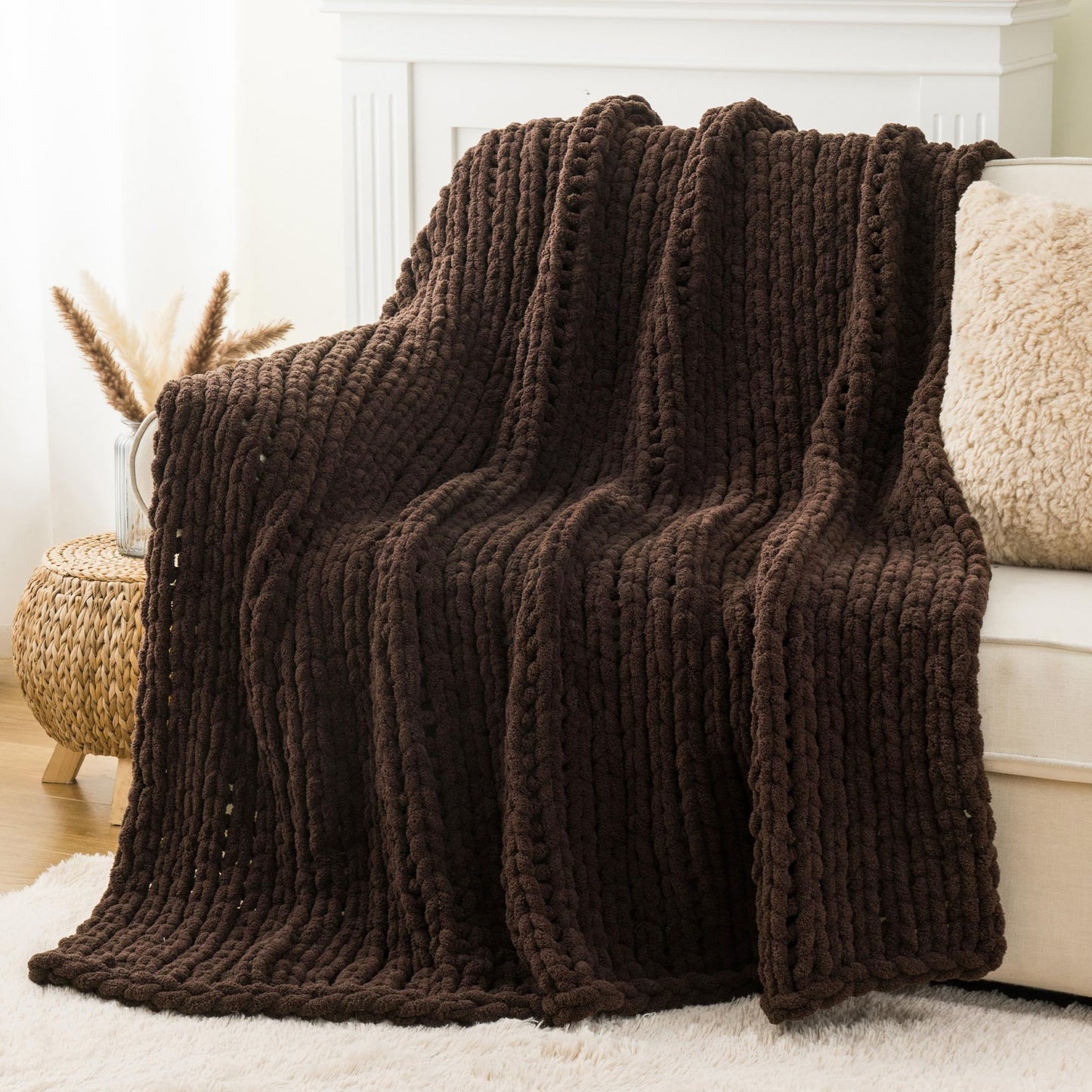 Battilo Brown Chunky Knit Throw Blanket, Soft and Thick Chenille Throw Blanket, 50"x60" Handmade Cable Knit Crochet Blanket, Knot Throw Blankets for Couch Sofa Bed Home Decor (Brown, 50"x60")