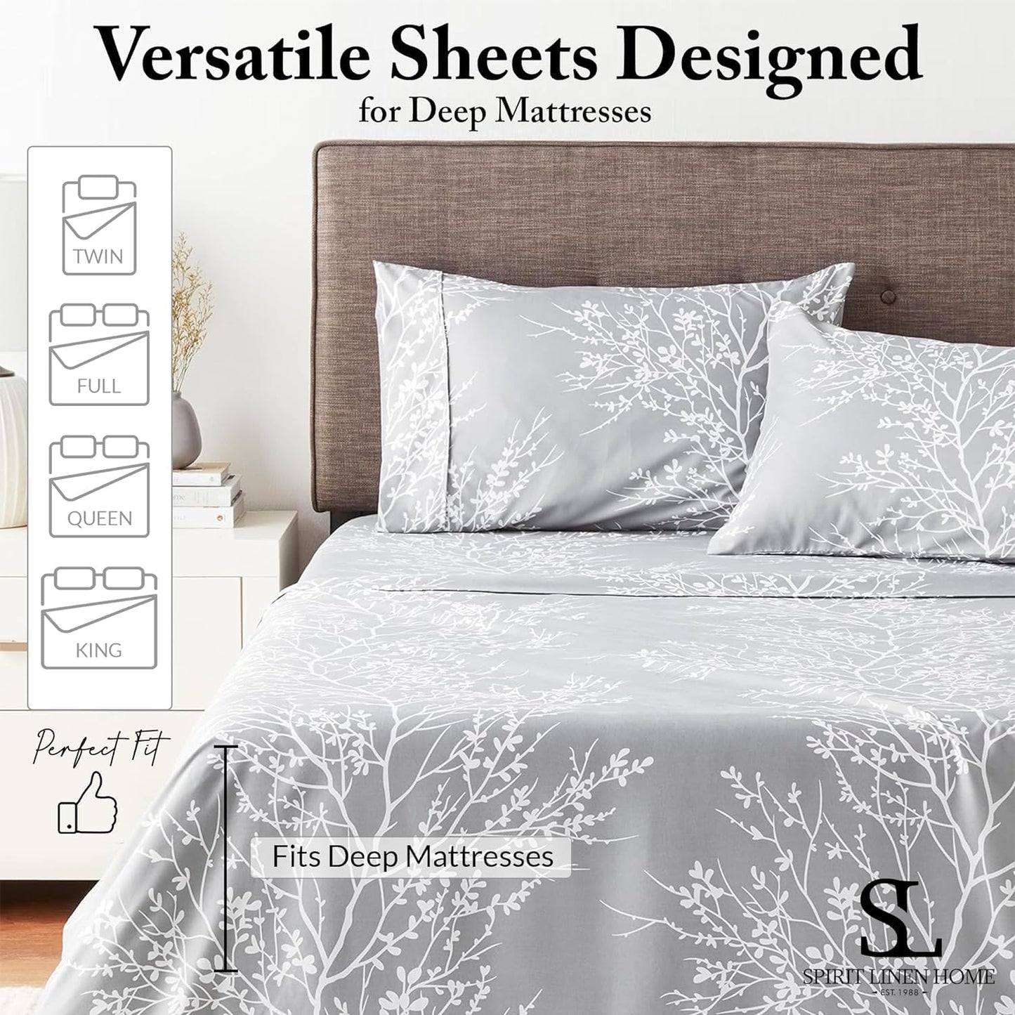 Spirit Linen home Full Size Sheets Set - Pure Microfiber 4 Piece Polyester Bed Sheets, Fitted Sheet & Pillow Cases - Full Sheets for All Seasons (Foliage Chocolate/White, Full)