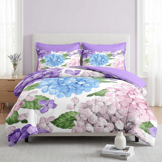 Pamnest Comforter Set Twin Size, Hydrangea Flower Leaves 5 Pcs Bedding for Kids and Adults, Floral Purple Summer Bed Sheet Sets with Fitted Sheet Pillowcase & Sham for Bedroom Bed Decor