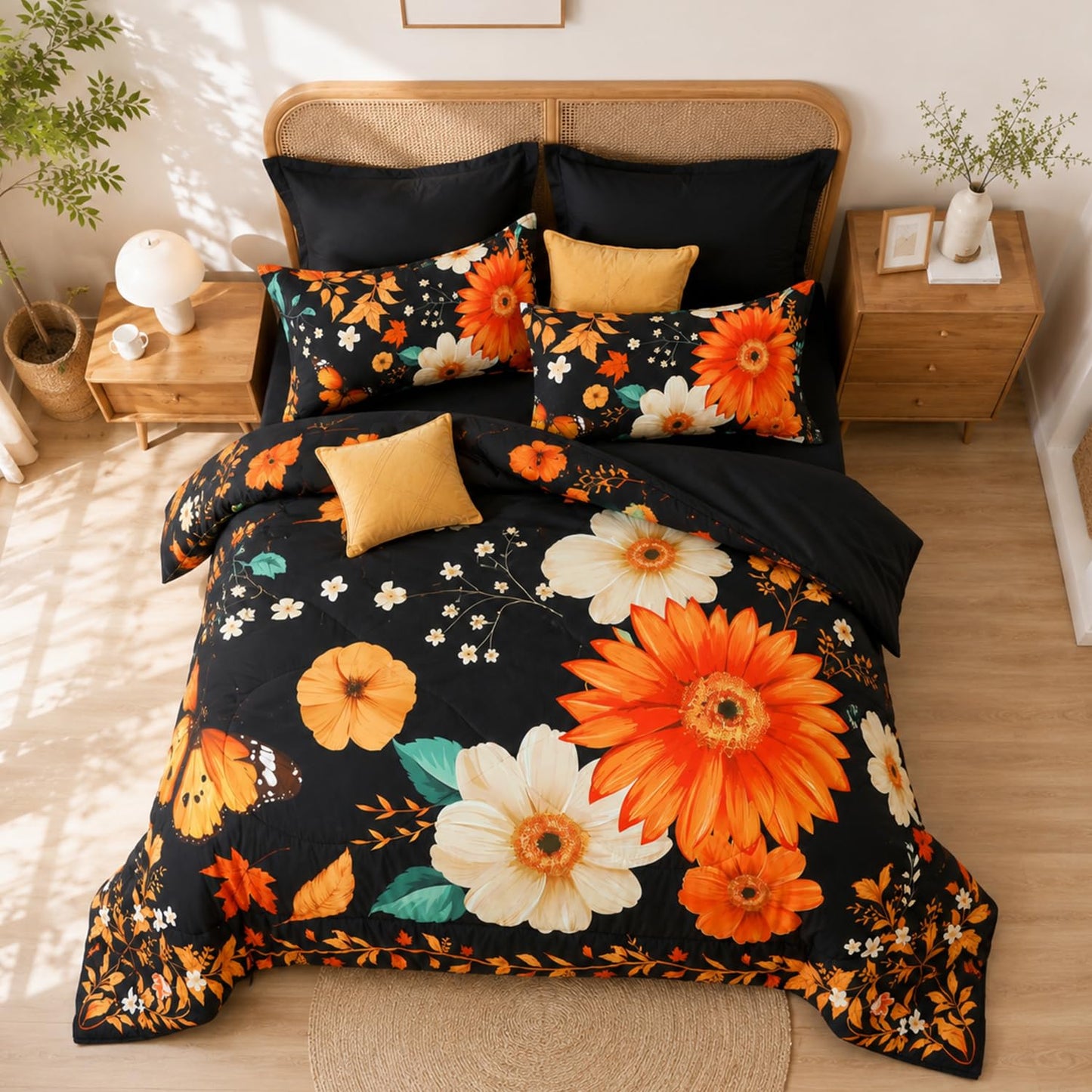 KOTTOMFY Extra Fluffy All Season Comforter Set, Floral 7 Piece Bed in a Bag Queen Size for Bedroom Guest Room Dorm Apartment