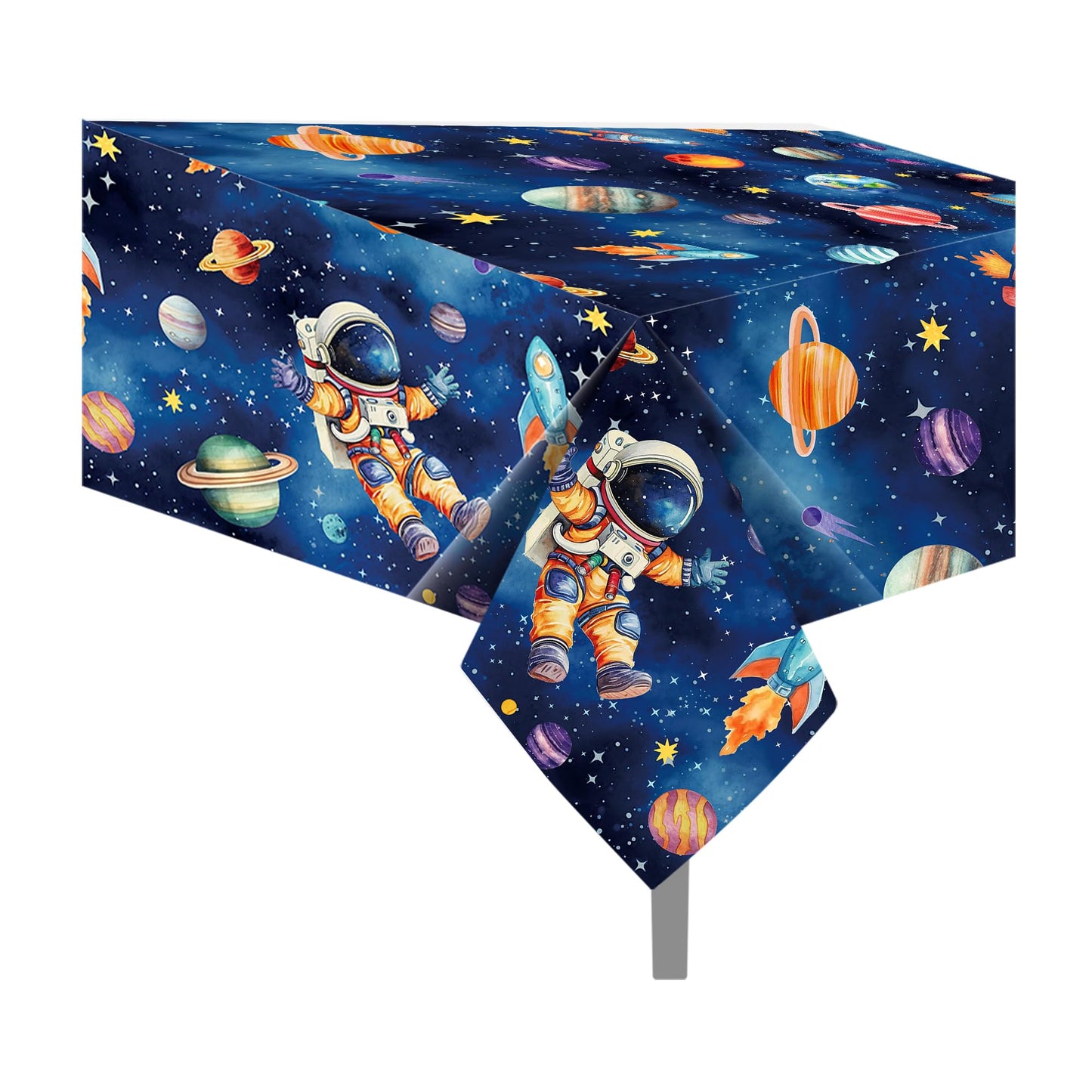 CC HOME 1Pc Planet Space Party Plastic Tablecloth 54 x 87 Inch Long Table Cover, Blue Universe Party Tablecover for Space Travel Theme Kids Baby Shower Birthday Dinner Picnic Kitchen Event