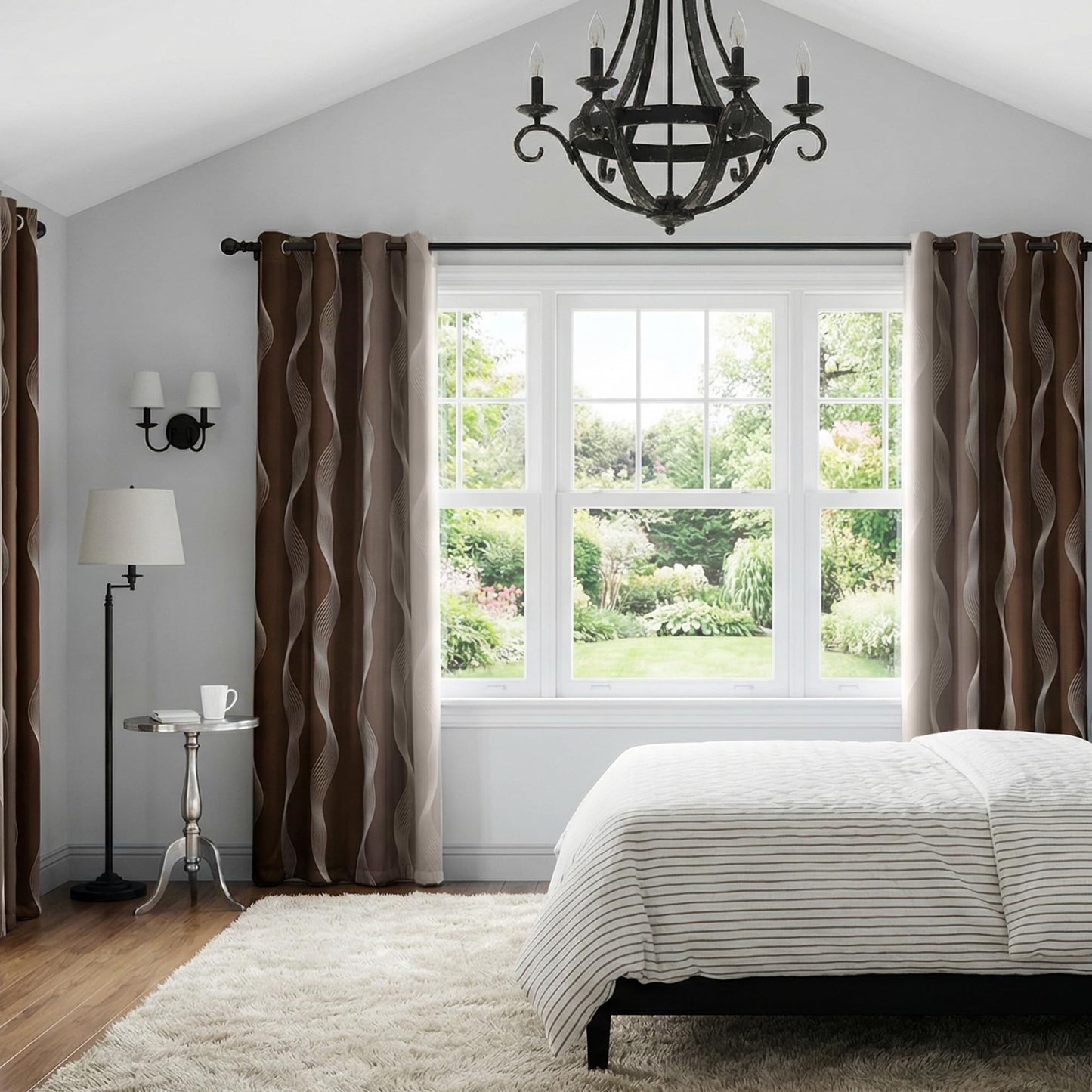 MYSKY HOME Brown and Greyish White 95% Blackout Ombre Curtains 63 inch Length 2 Panels for Bedroom Black Out Thermal Insulated Wave Line Foil Print Design Gradient Drapes for Office Classroom, W 52"