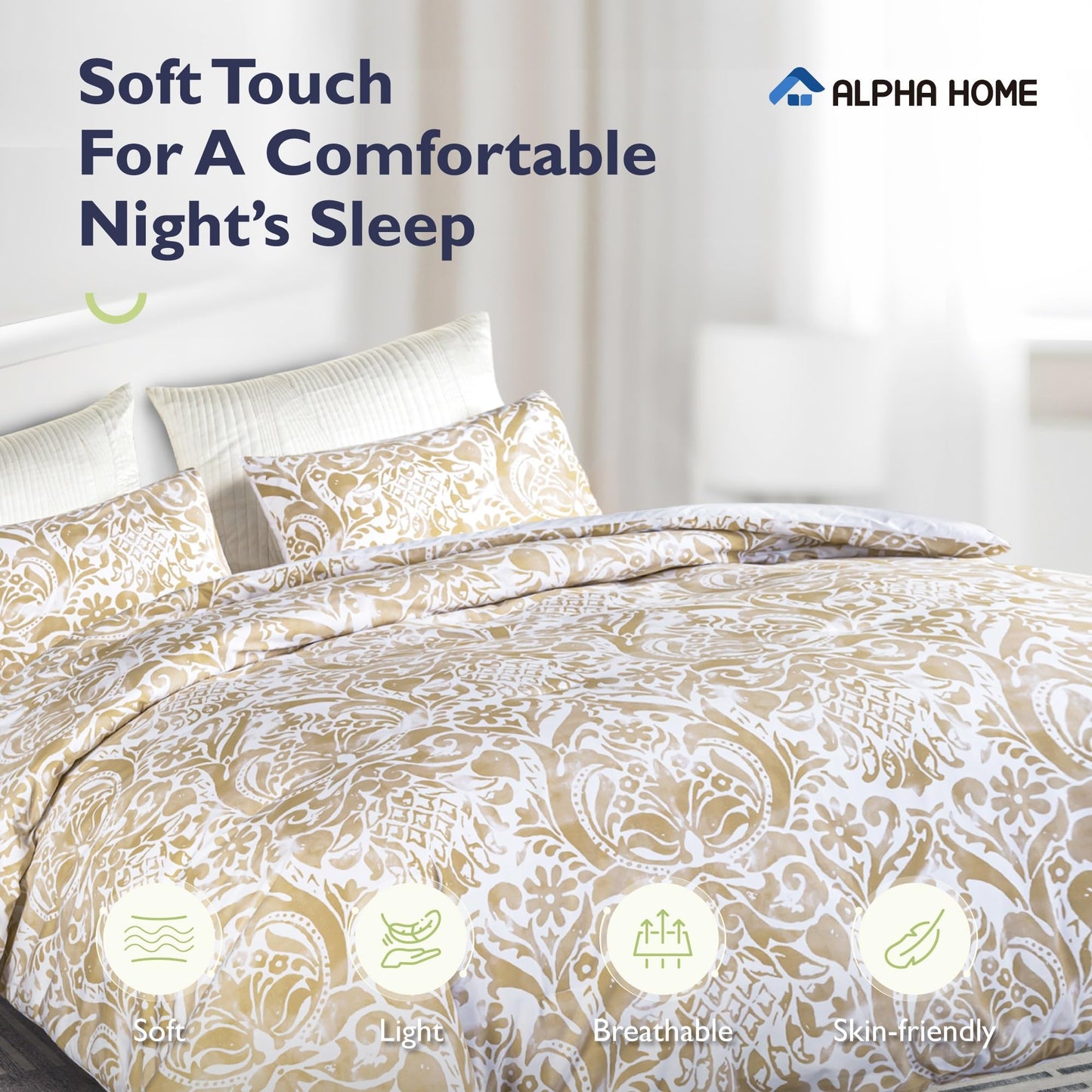 ALPHA HOME Comforter Set King Size, All Season Bedding Comforter Set, Comfortable Classic Damask Pattern Comforter Set with 100% Cotton Fabric (1 Comforter, 2 Pillowcases)