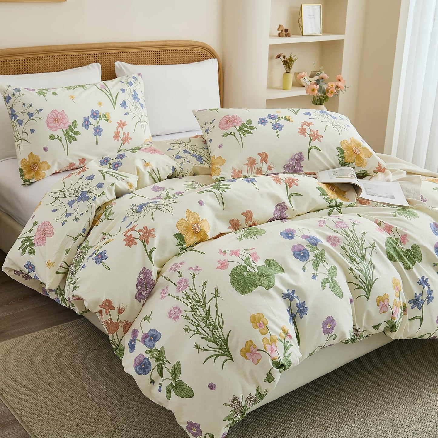 Cozaline 100% Cotton Duvet Cover King Size – Botanical Garden Print, Green Floral Duvet Cover Set with Zipper Closure, 3-Piece Soft Breathable Natural Cotton Bedding Set for All Seasons