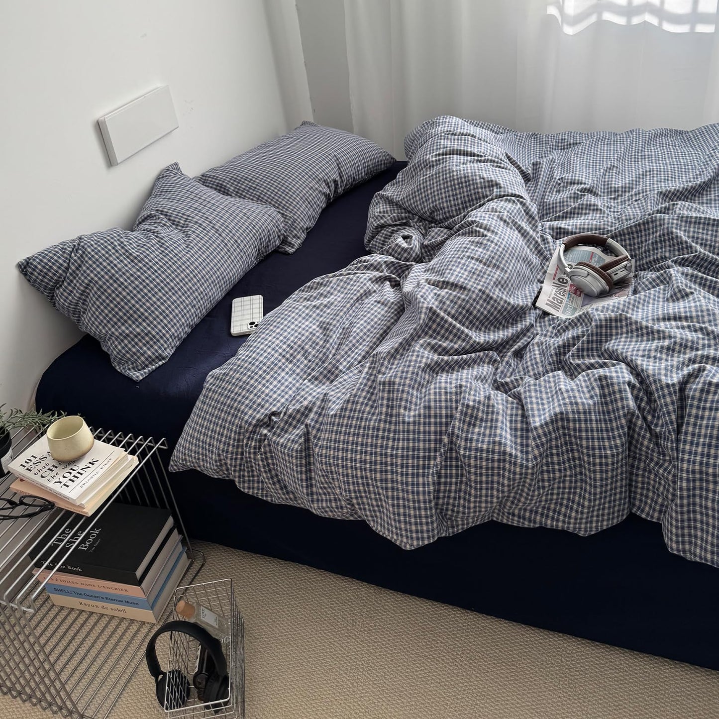 VM VOUGEMARKET Demin Blue Gingham Duvet Cover Queen 3 Pieces Neutral Plaid Grid Duvet Cover 100% Washed Cotton Comforter Cover with 2 Pillowcases Farmhouse Checkered Bedding Set