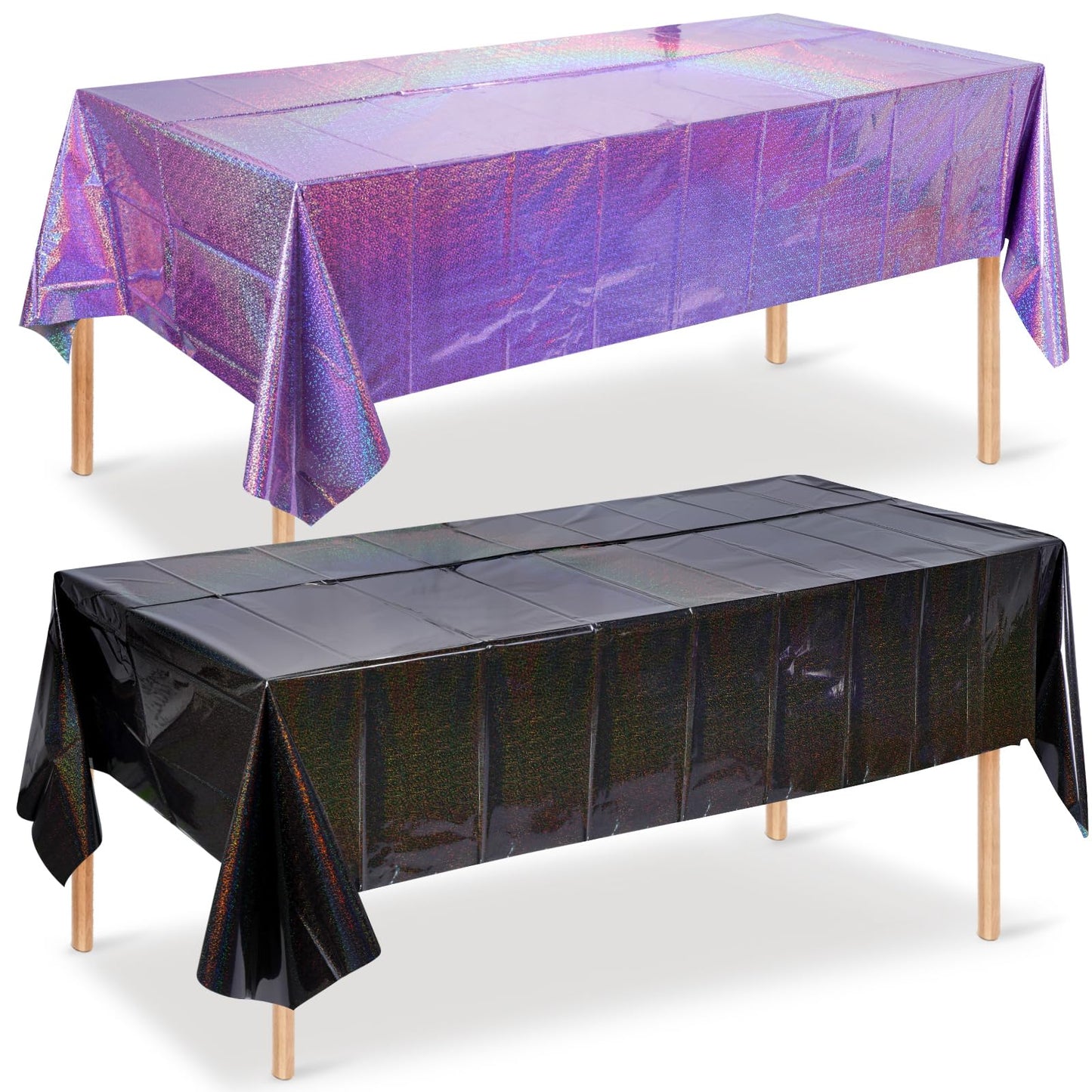 2 Pack Iridescent Black and Purple Plastic Tablecloth 54x108 Inch, Holographic Laser Disposable Table Cover, Rectangle Black and Purple Table Cloth for Halloween Holiday Birthday Party Decorations
