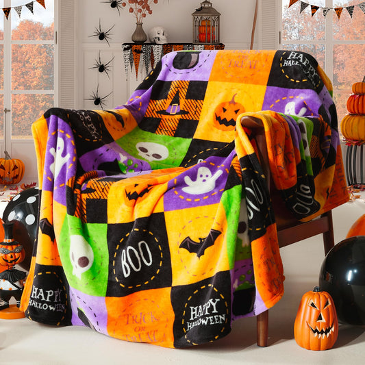 ROMROL Halloween Fleece Throw Blanket, Bat, Ghost Fall Plaid Blanket, Soft Fuzzy Plush for Couch Sofa or Bed, Luxury Flannel Lap Blanket, for Kids, Adults, Wife, Self (50" x 60")