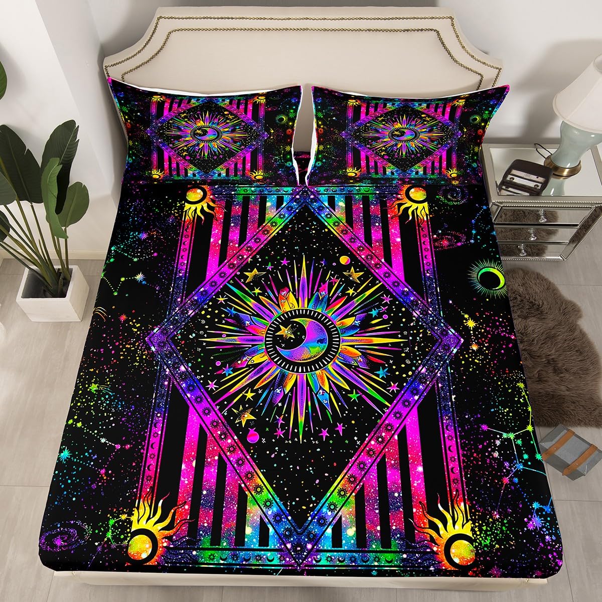 Sun and Moon Sheet Set, Rainbow Tie Dye Bed Sheets Psychedelic Hippie Trippy Galaxy Bedding Aesthetic Celestial Astrology Flat Sheet Cosmic Constellation Zodiac Fitted Sheet, Black Bedroom Decor 4Pcs