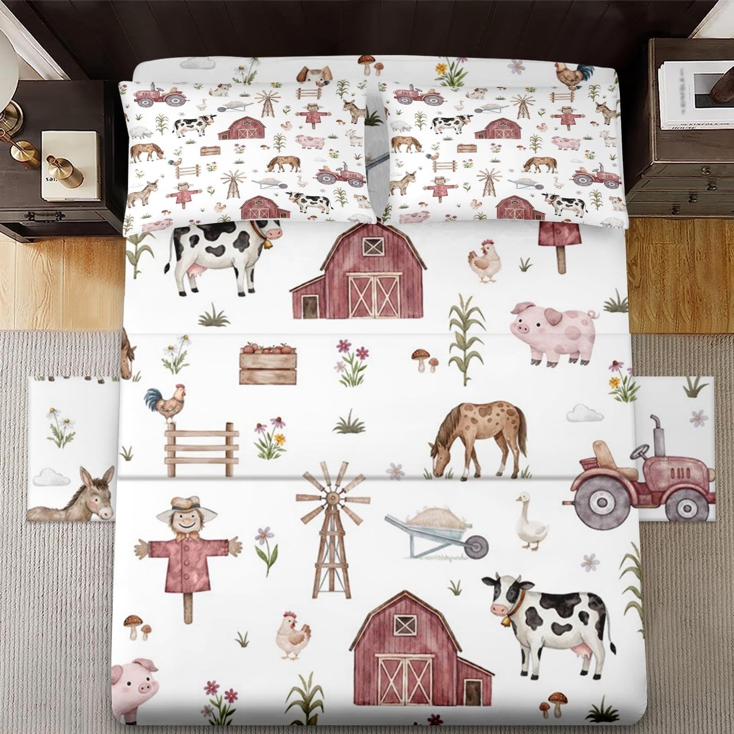 WeCozy Queen Size 4 Pcs Bed Fitted Sheet Set with 14" Deep Pocket, Animal Farm Tractor Flat Sheet Set for Kids and Adults, House Tree Pig Bedding with 2 Pillowcases for Bedroom Decor
