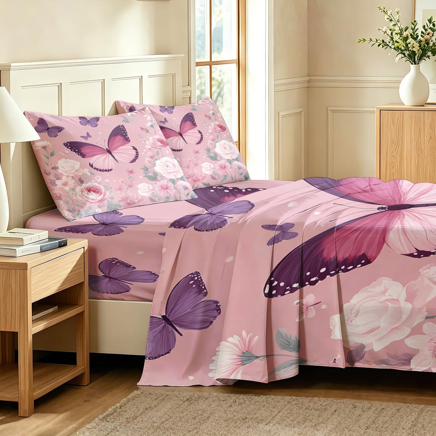 Pink Rose Bedding Set 4 Pcs Girls Butterfly Full Sheets
