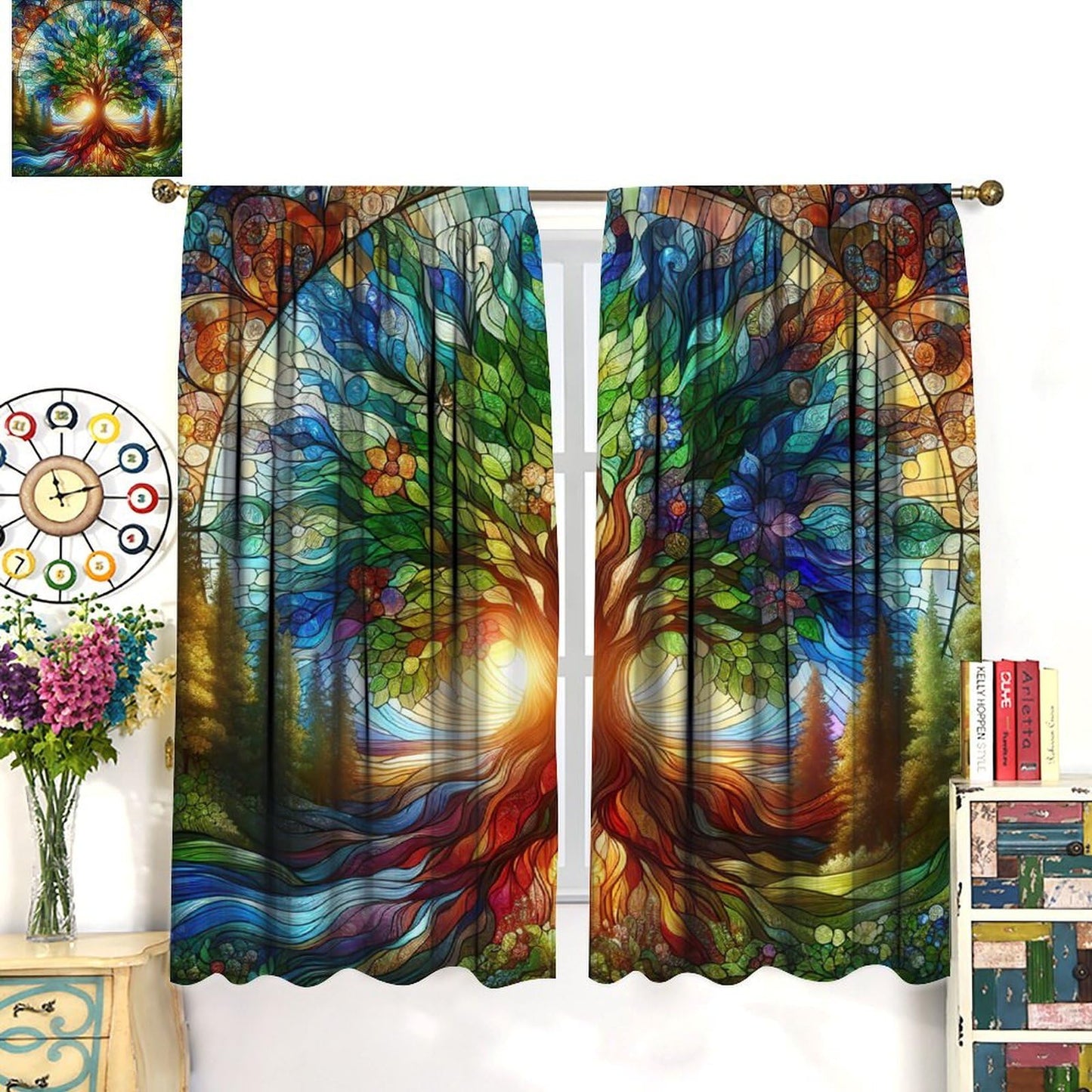 AuiMzoo Stained Glass Botanical Curtains, Tree of Life Glass Botanical Theme Printed Pattern, Decor Curtains for Bedroom Living Room42X45 Inch