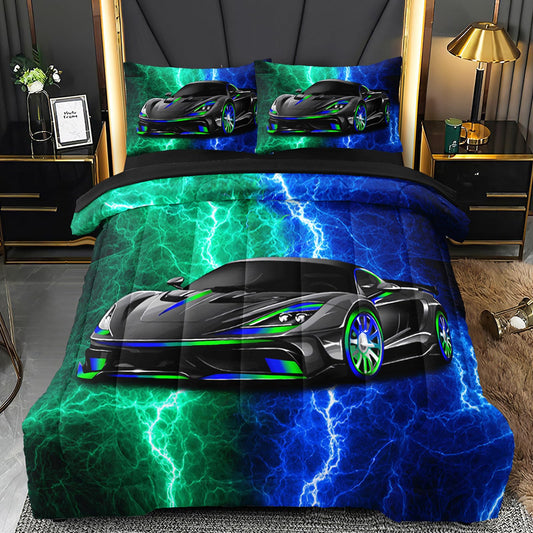 BERTSUCA 5 Pcs Car Comforter Sets for Boys, Cool Blue Green Lightnings Bed in A Bag Full Size Car Bedding Set for Boys Kids