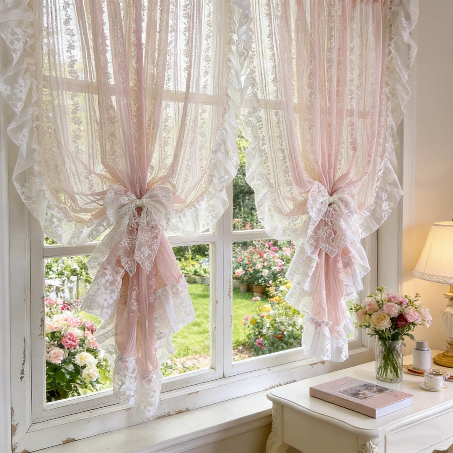 NewWPKIRA Floral Embroidery Sheer Lace Curtain with Ruffle Trim Romantic Gauze Curtains for Girl's Bedroom Living Room Rod Pocket Top 2 Panels (Pink,W59 x L47 inches)