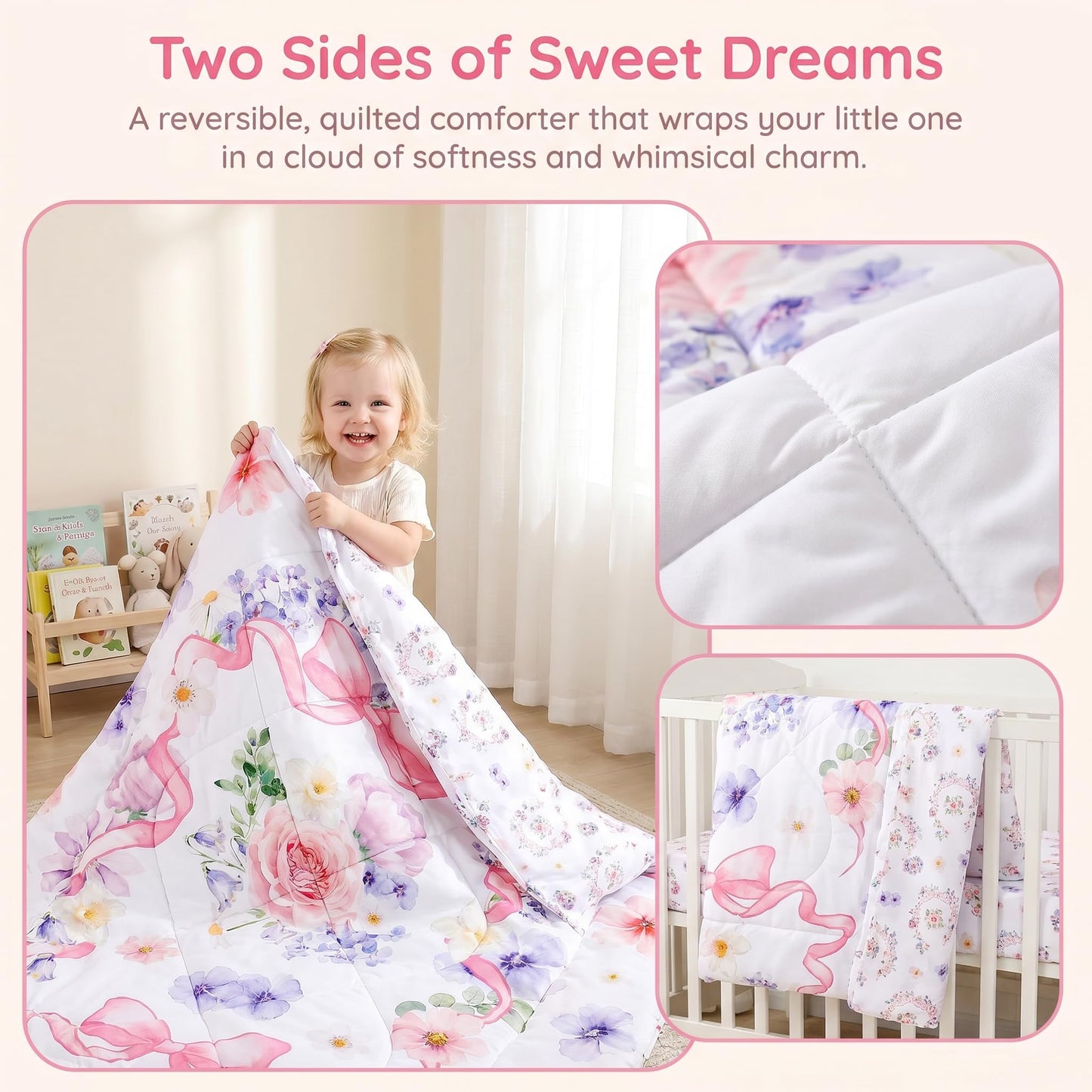 Pea Pod Floral Toddler Bedding Set for Girls, 4 Piece Bed-in-a-Bag Toddler Comforter Sets Cute Bowknot Princess Crib Bed Set | Include Quilt Comforter, Flat Sheet, Fitted Sheet, Pillowcase, Super Soft