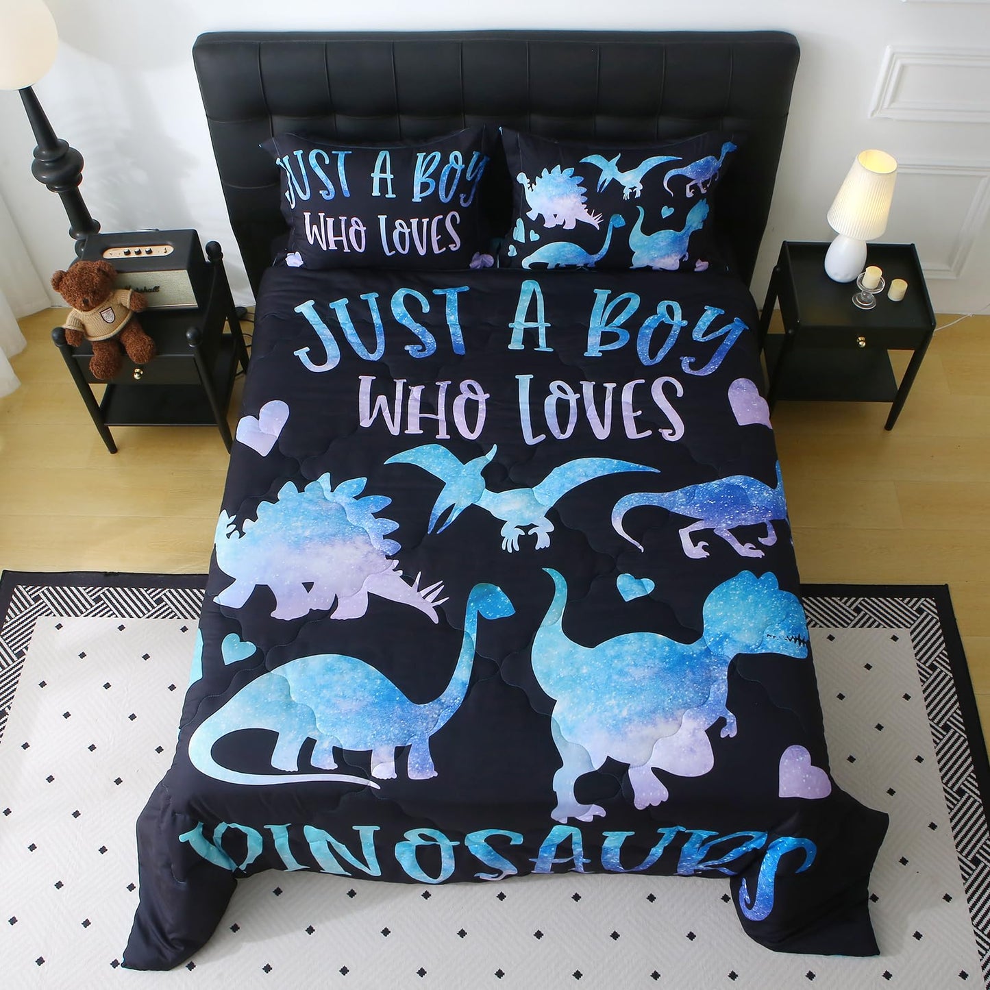 Jameswish 7 Piece Boys Dinosaur Comforter Set Full Size Blue Dinonsaur Soft Microfiber Bed in A Bag with Comforter,Sheet Set,Pillowcase and Sham for Child Teens All Season