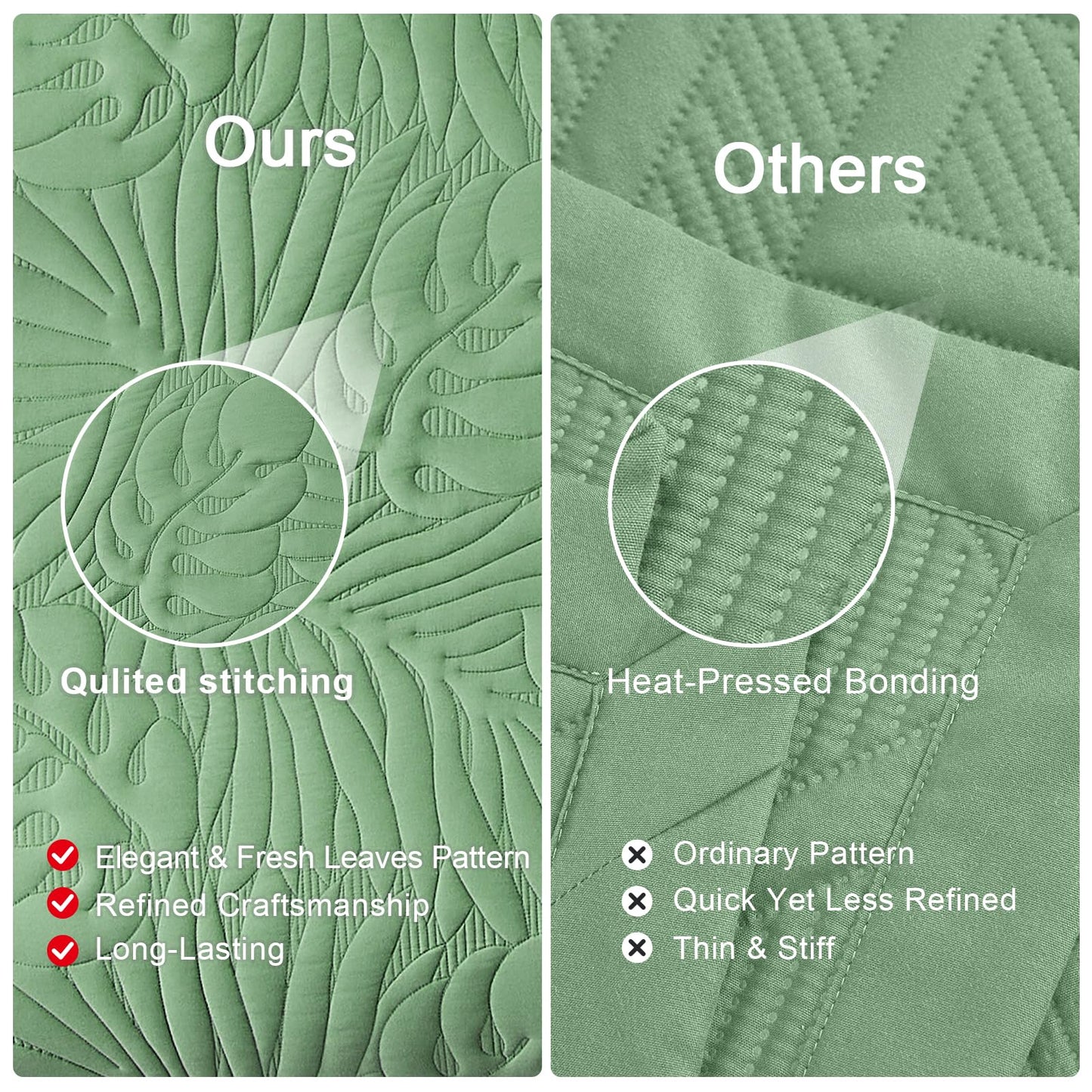 DaisyHuang Botanical Quilt Set King Size -Leaves Pattern Stitching Quilt Set - Elegant & Fresh Style Bedspread Coverlets, Ultra Soft, Reversible, Lightweight, 4 Piece with Floor Mat, Olive Green