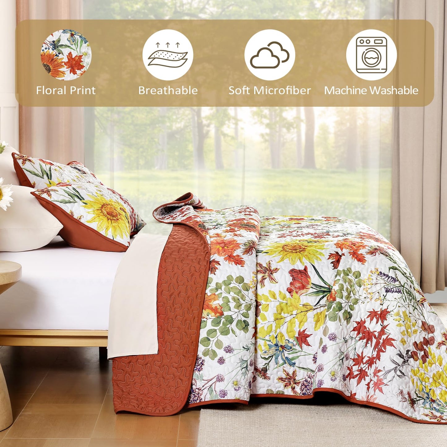 Yiran Fall Floral Quilt Set King Size, Orange Red Sunflower Botanical Bedspread Bedding Set, 3 Pieces Soft Lightweight Microfiber Coverlet with 2 Pillow Shams for All Season 106x90 Inch