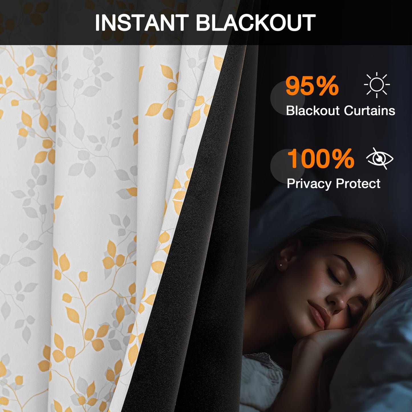 MEETSKY 95% Blackout Yellow Curtains 84 Inches Long 2 Panels Set - Leaves Printed Curtains for Living Room, Grommet Thermal Insulated Drapes, Light Blocking Window Curtain for Bedroom (52''W x 84" L)