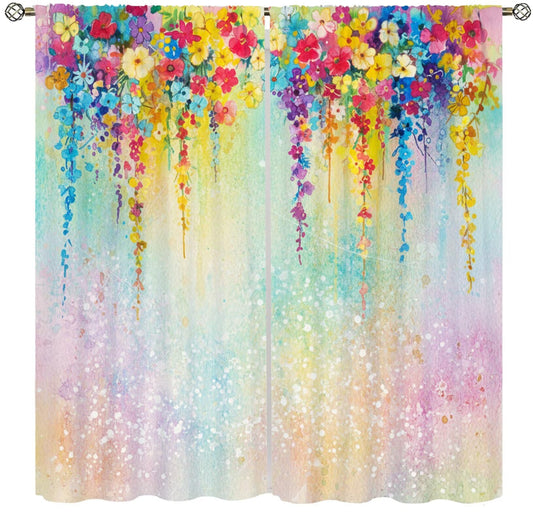PHTAYOT Farmhouse Floral Curtains Flowers Colorful Botanical Watercolor Art Pattern Thermal Insulated Decor Window Drapes for Bedroom Living Room,2 Panels Set,42x45 Inch