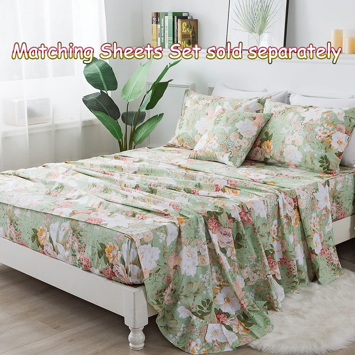 FADFAY Floral Duvet Cover Set Full 100% Cotton Girls Bedding 600 TC Mint Green and White Flower Elegant Lily Printed Comforter Cover Zipper Corner Ties Soft Bed Cover 3 Pcs