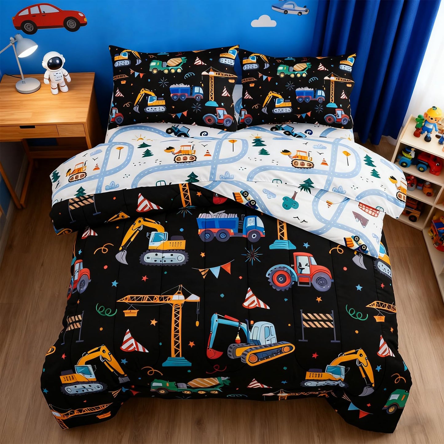 Holawakaka Trucks Tractors Cars Boy Bedding Comforter Set with Sheets, Twin Size Cartoon Construction Car Excavator Print Kids Bed in A Bag 5-Piece, Boys Reversible Dorm Bed Sets (Black Twin)
